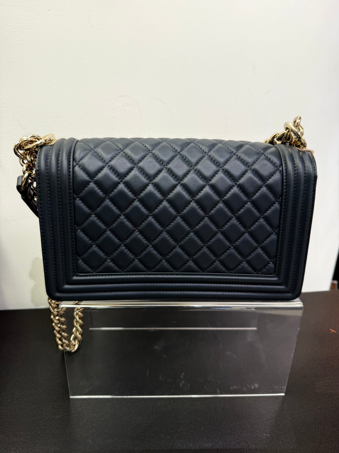 Pre-owned Chanel Medium Boy Bag Dark Grey Calfskin with Golden Hardware, 2019-2020, Full Set