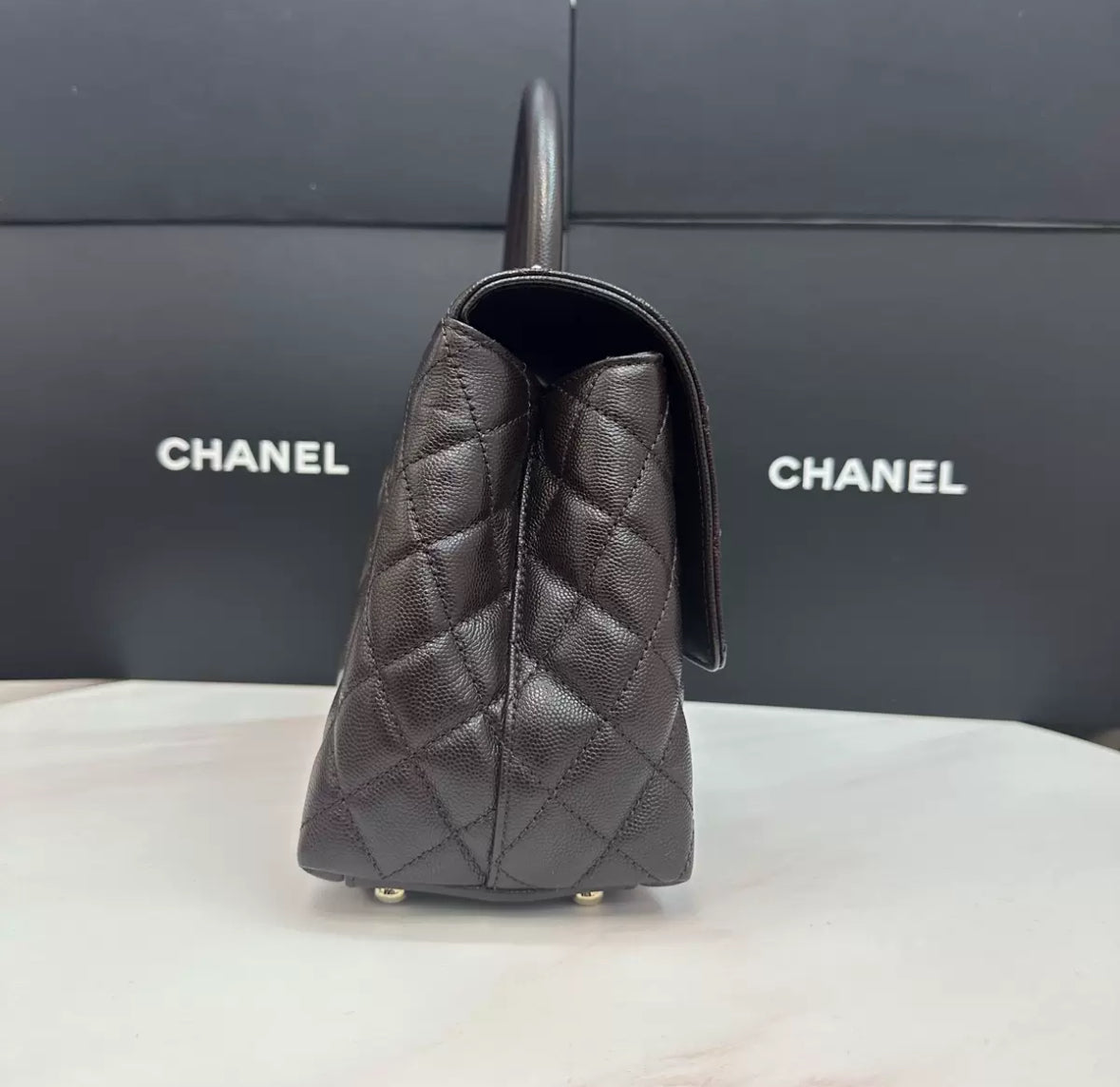 Pre-owned Certified Chanel Coco Handle Medium in Dark Brown Caviar Leather, Light Golden Hardware, Microchipped, w/ full set