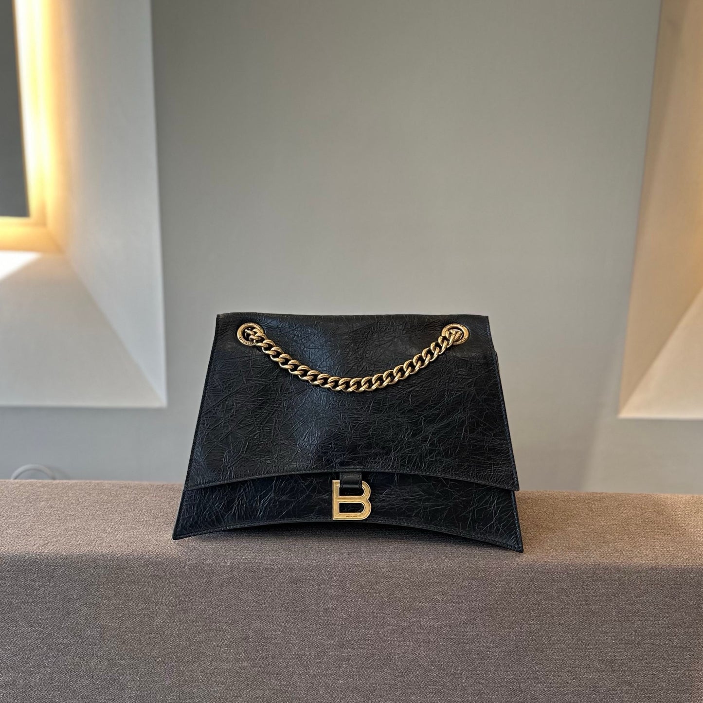 Pre-owned Certified Balenciaga Crush Chain Bag Medium Black Crushed Calfskin Golden Hardware, w/ dust bag