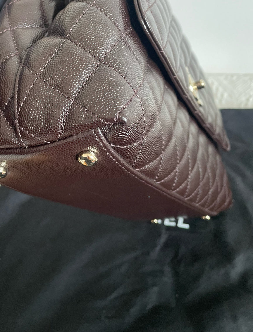 Pre-owned Certified Chanel Coco Handle Medium in Dark Brown Caviar Leather, Light Golden Hardware, Microchipped, w/ full set