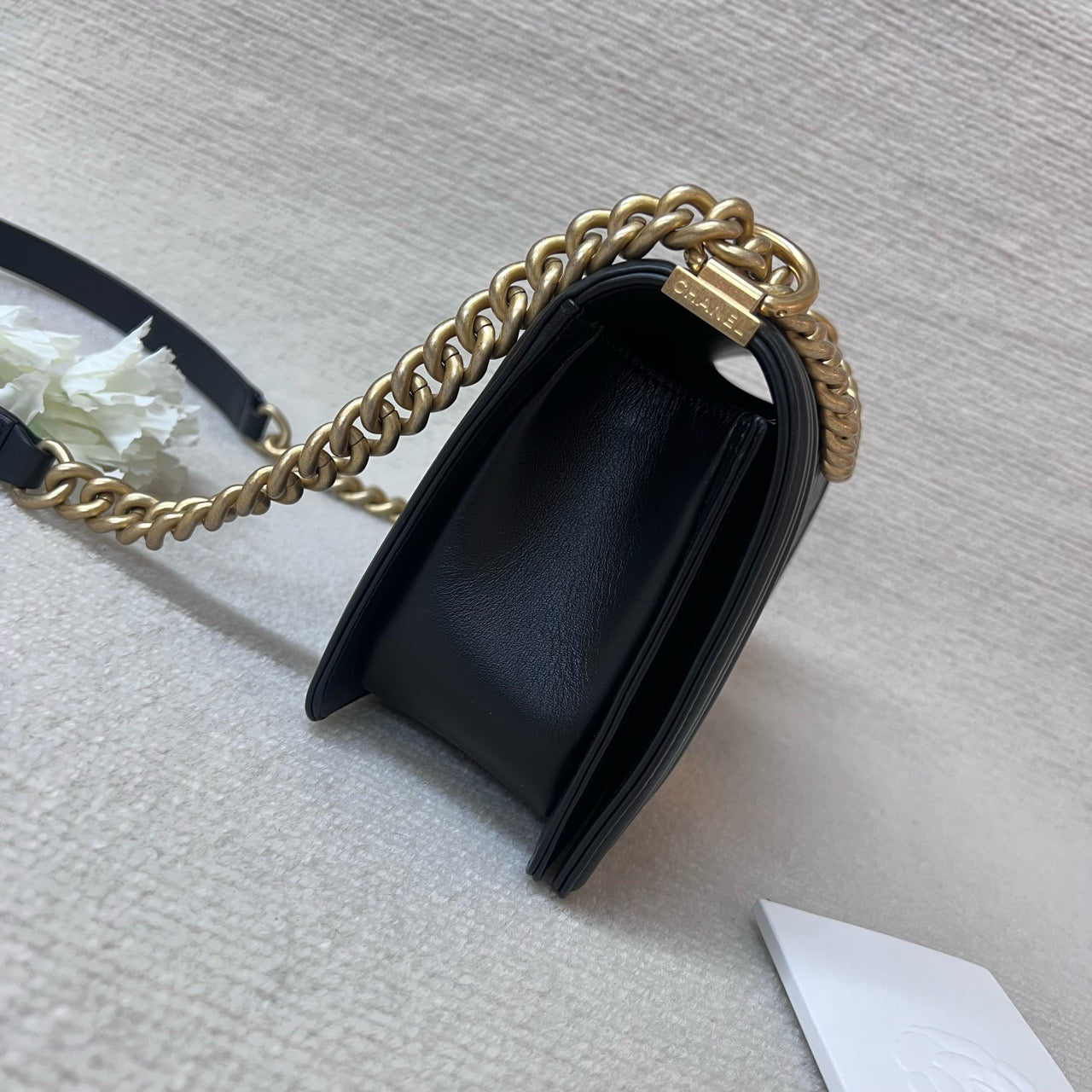 Pre-owned Chanel Le Boy Medium Black Calfskin Golden Hw, Microchipped, Full Set