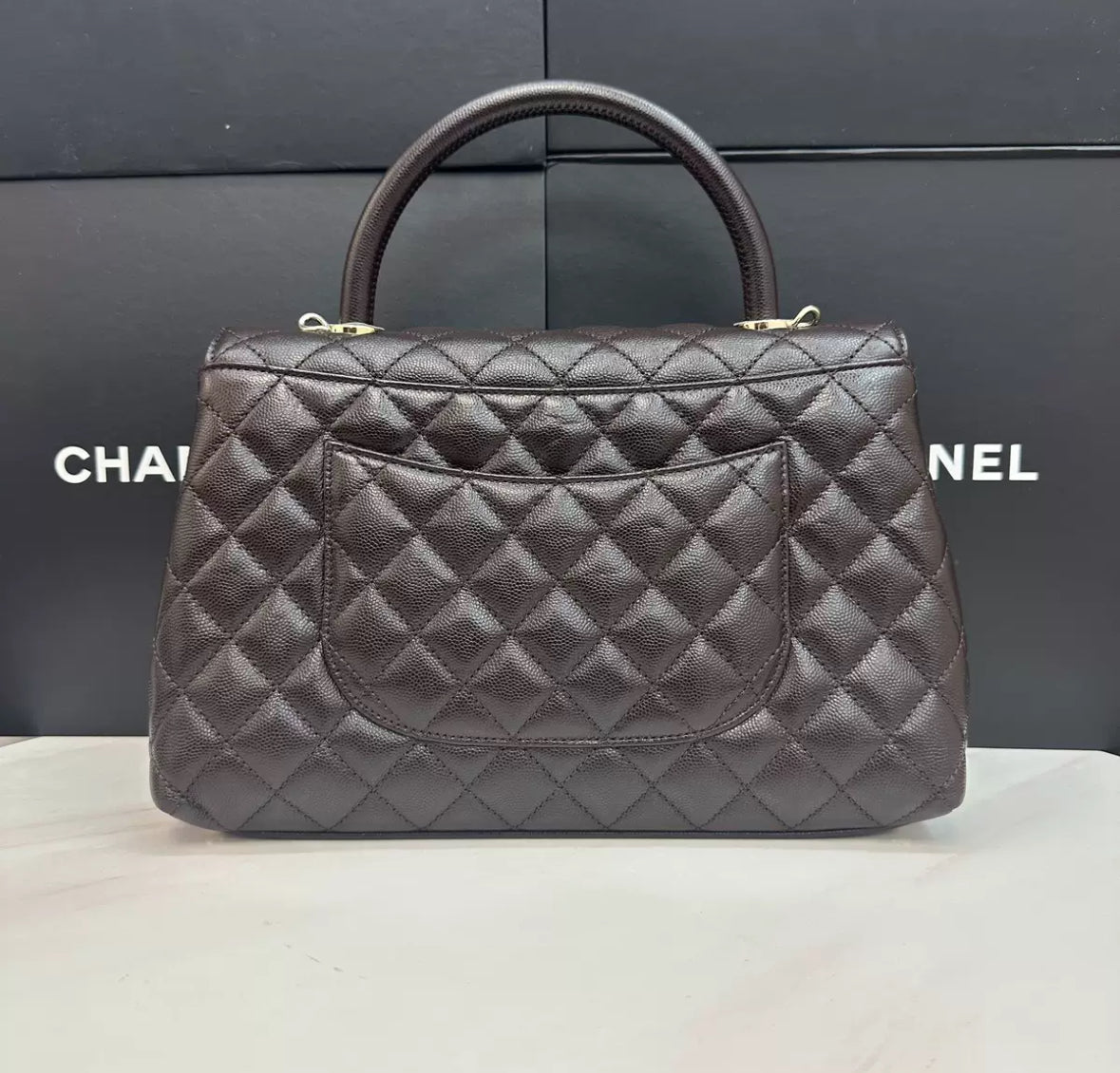 Pre-owned Certified Chanel Coco Handle Medium in Dark Brown Caviar Leather, Light Golden Hardware, Microchipped, w/ full set