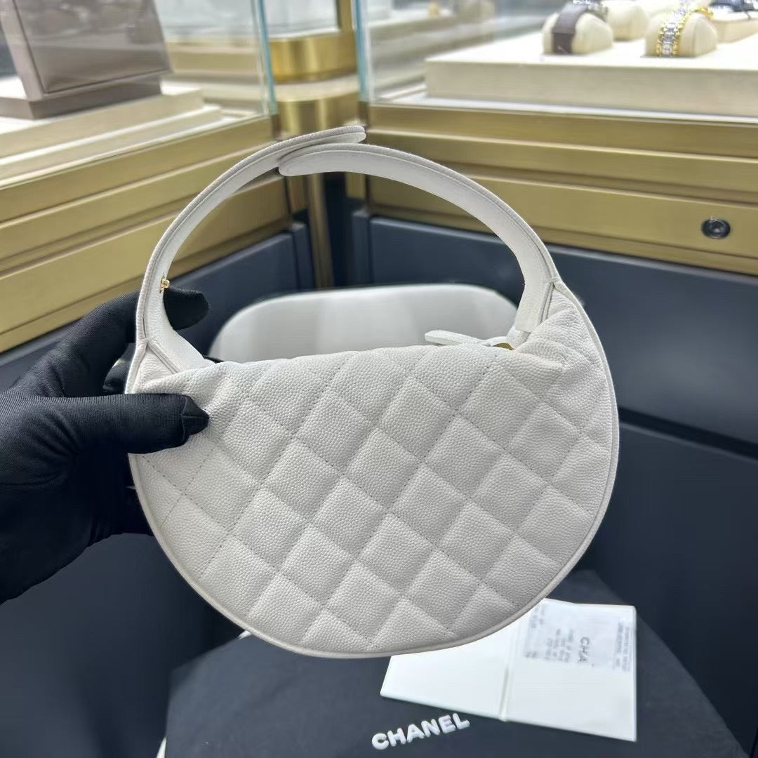 Pre-owned Certified Chanel 24S Hula “Bow” Hobo Bag White Caviar with Light Golden Hardware, 2024 microchipped, w/ dust bag