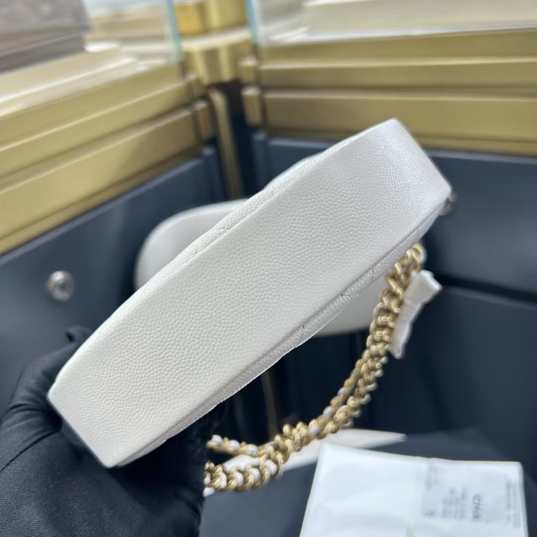 Pre-owned Certified Chanel 24S Hula “Bow” Hobo Bag White Caviar with Light Golden Hardware, 2024 microchipped, w/ dust bag
