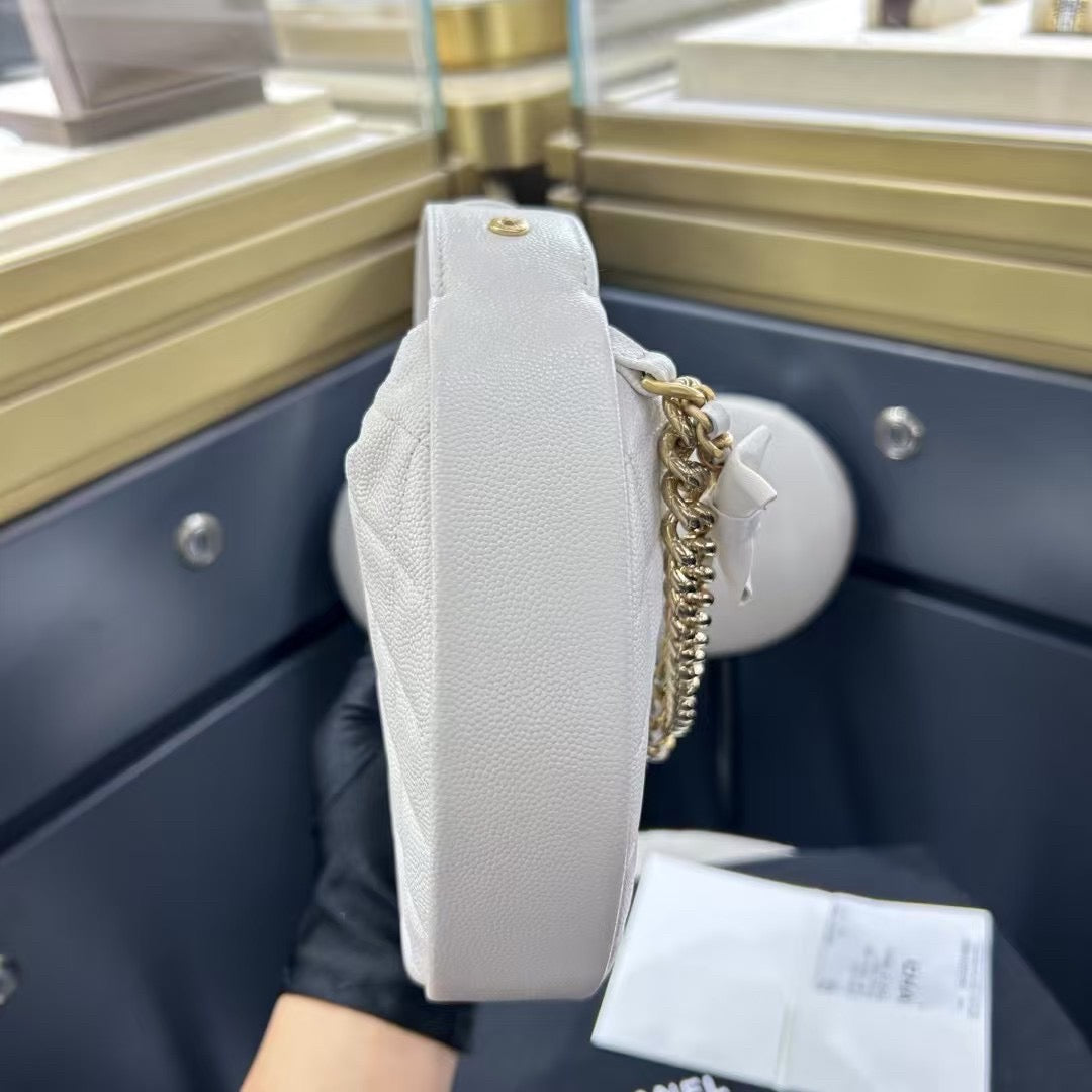 Pre-owned Certified Chanel 24S Hula “Bow” Hobo Bag White Caviar with Light Golden Hardware, 2024 microchipped, w/ dust bag