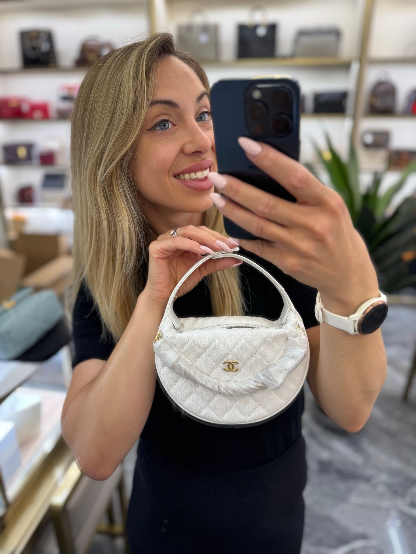 Pre-owned Certified Chanel 24S Hula “Bow” Hobo Bag White Caviar with Light Golden Hardware, 2024 microchipped, w/ dust bag