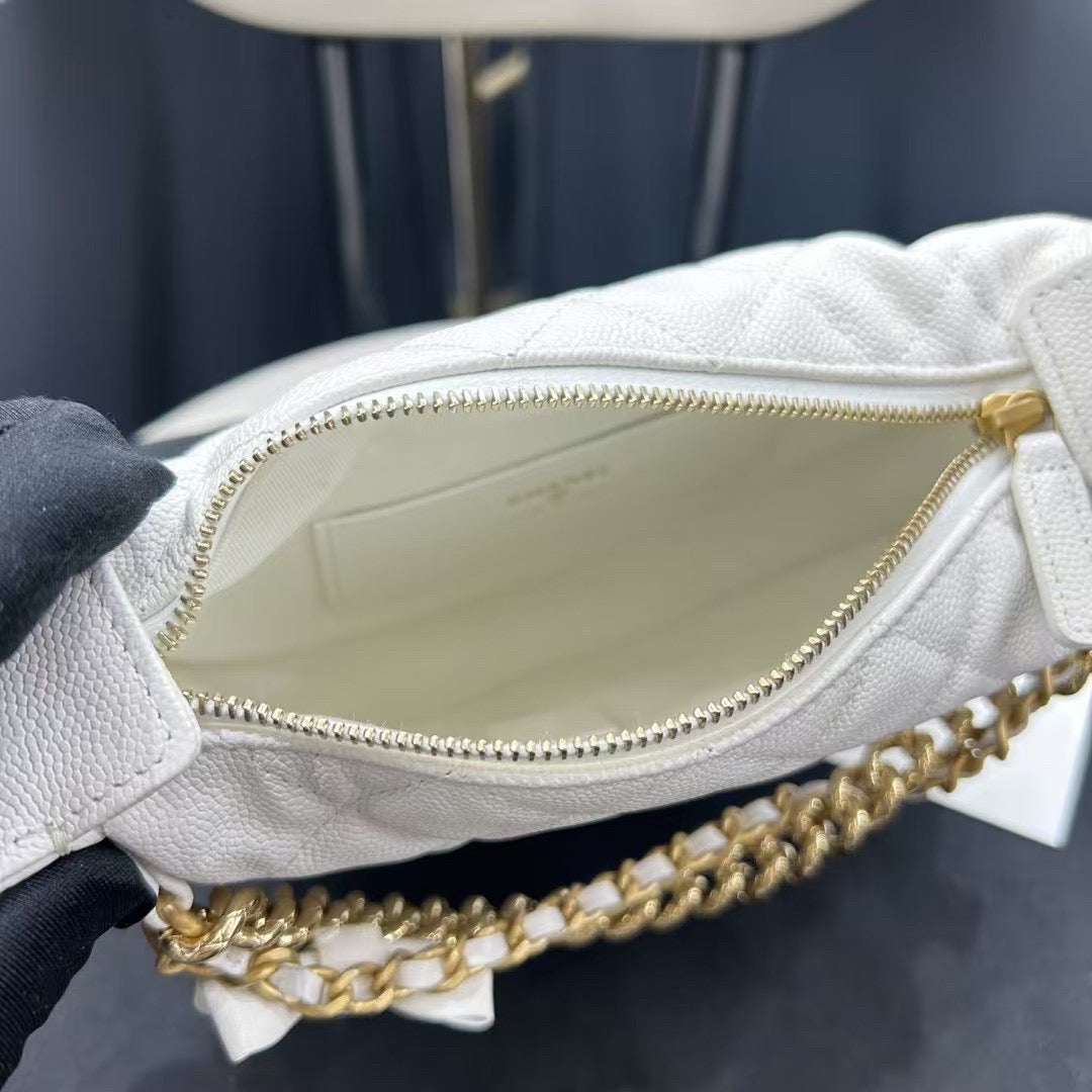 Pre-owned Certified Chanel 24S Hula “Bow” Hobo Bag White Caviar with Light Golden Hardware, 2024 microchipped, w/ dust bag