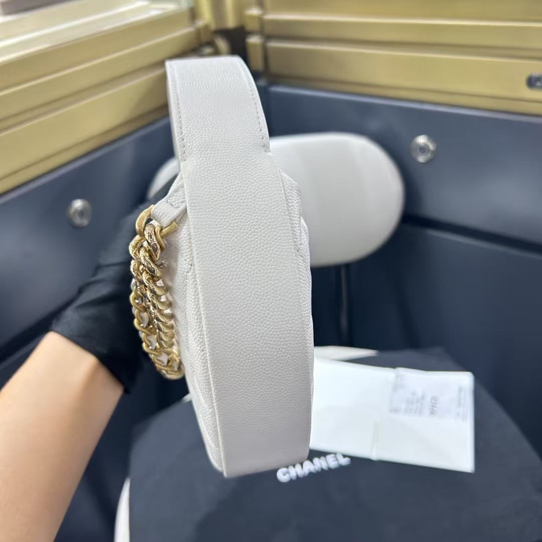 Pre-owned Certified Chanel 24S Hula “Bow” Hobo Bag White Caviar with Light Golden Hardware, 2024 microchipped, w/ dust bag