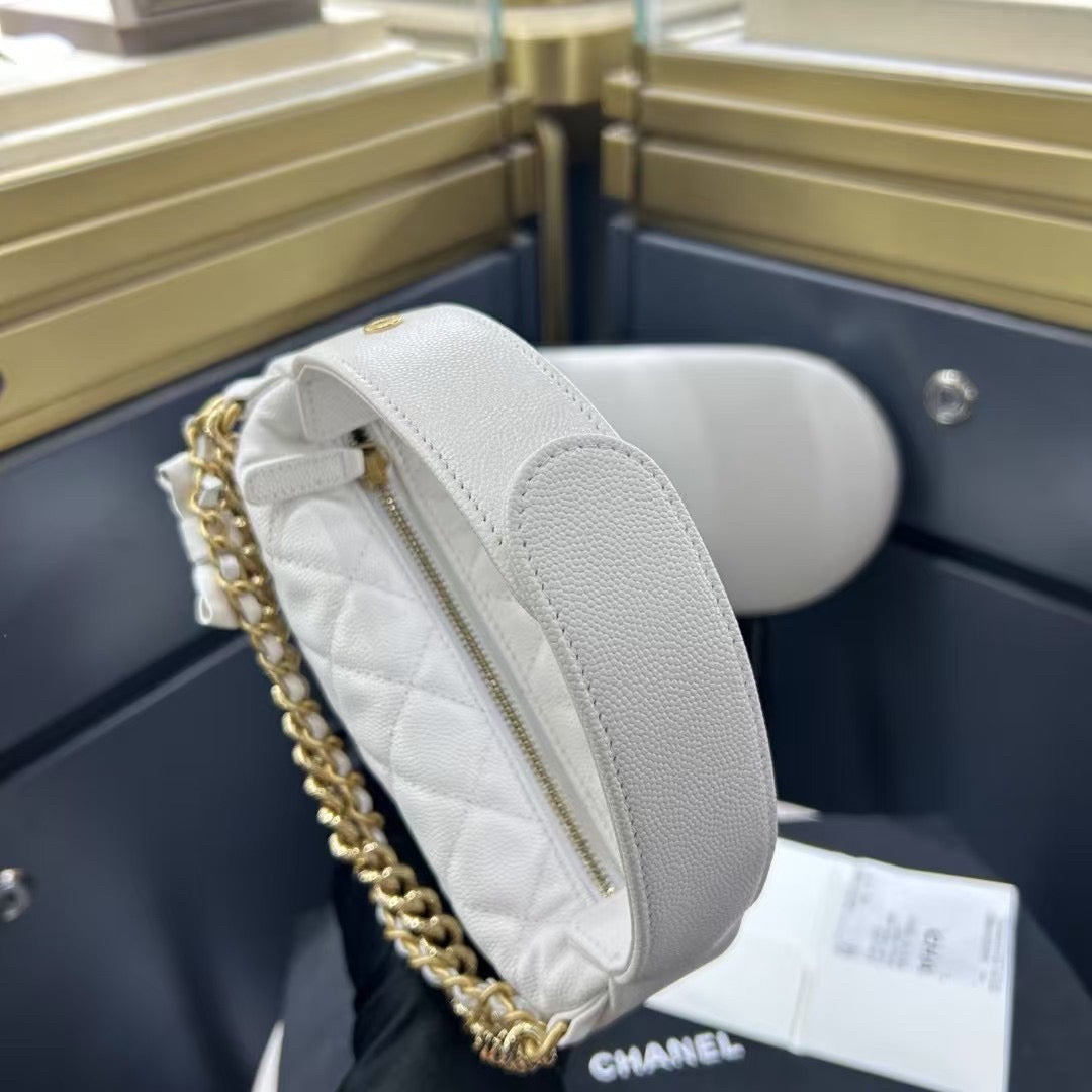 Pre-owned Certified Chanel 24S Hula “Bow” Hobo Bag White Caviar with Light Golden Hardware, 2024 microchipped, w/ dust bag