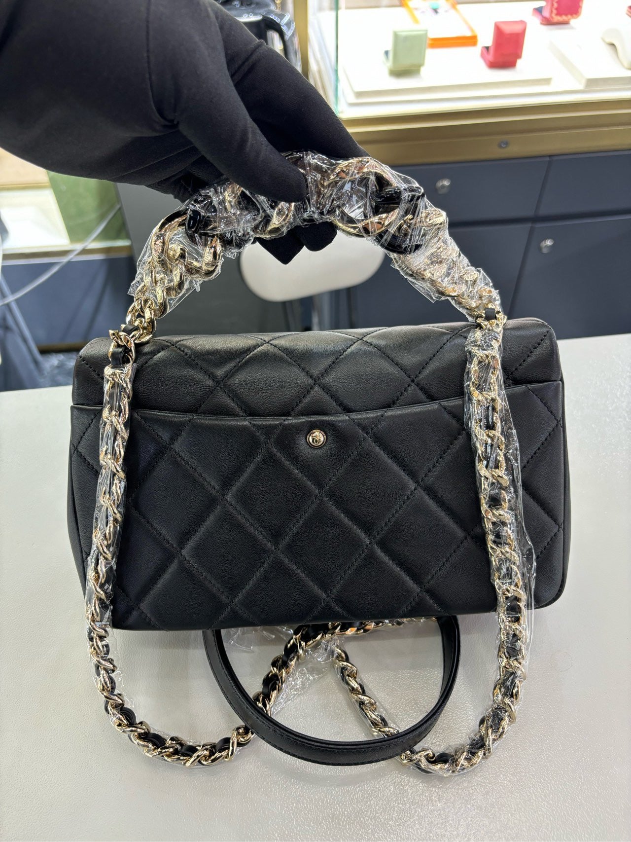 Pre-owned Certified Chanel 22C Mini Flap Chain Top Handle in Black Lambskin with Light Golden Hardware, 2022 microchipped, w/ full set - box, dust bag