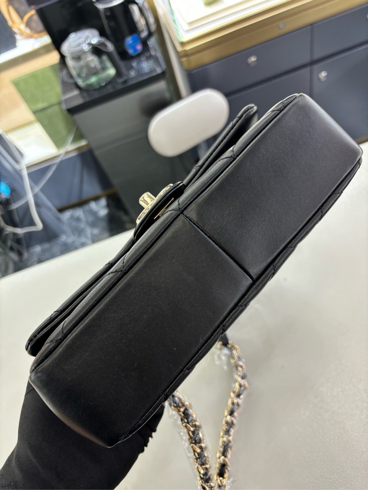 Pre-owned Certified Chanel 22C Mini Flap Chain Top Handle in Black Lambskin with Light Golden Hardware, 2022 microchipped, w/ full set - box, dust bag