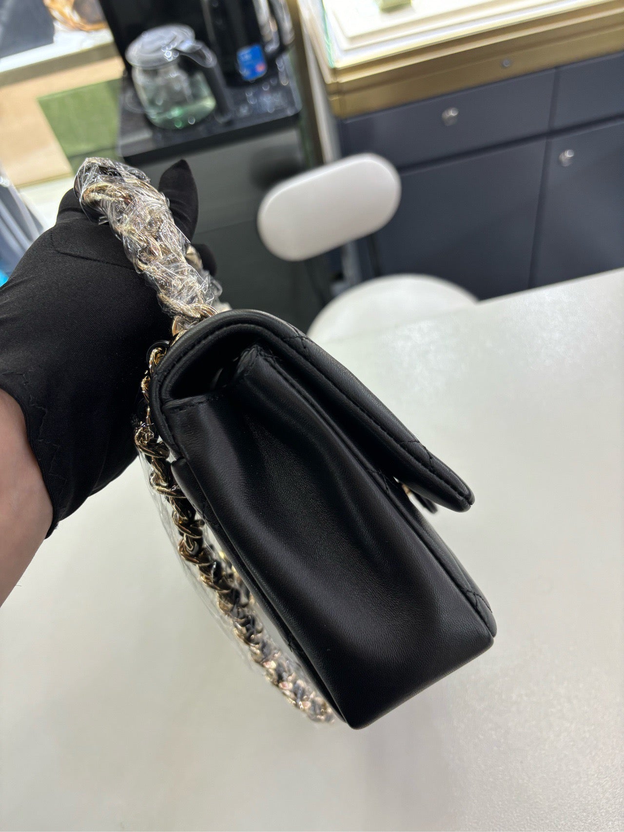 Pre-owned Certified Chanel 22C Mini Flap Chain Top Handle in Black Lambskin with Light Golden Hardware, 2022 microchipped, w/ full set - box, dust bag