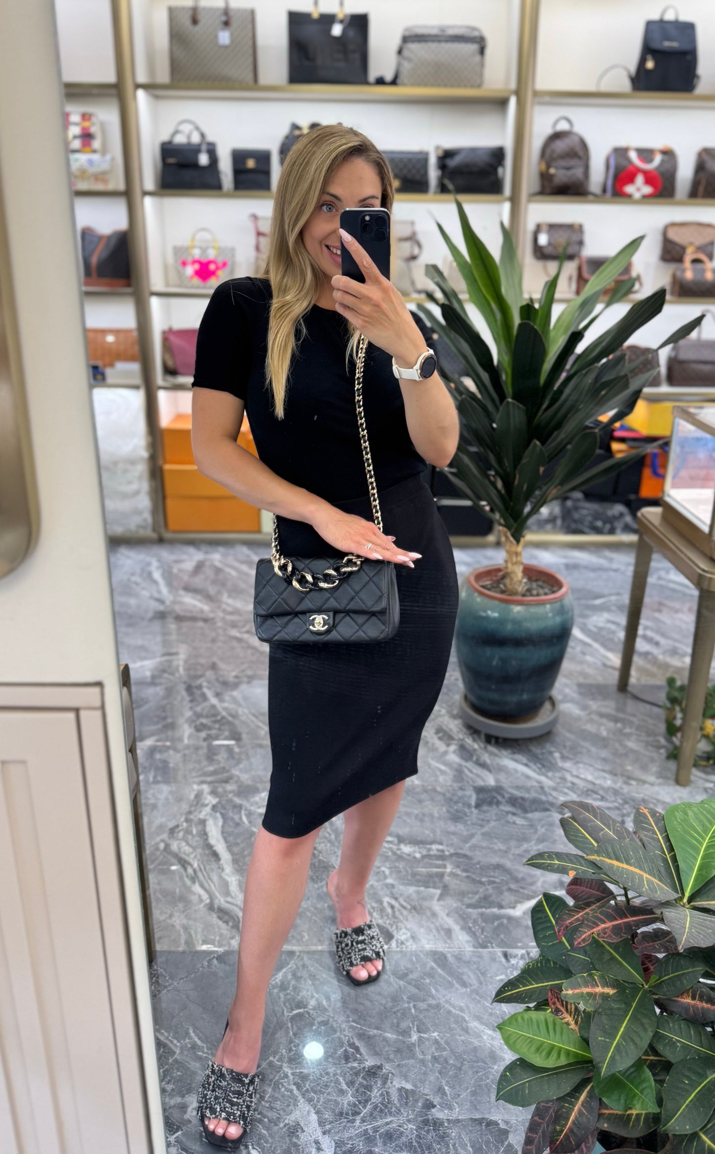 Pre-owned Certified Chanel 22C Mini Flap Chain Top Handle in Black Lambskin with Light Golden Hardware, 2022 microchipped, w/ full set - box, dust bag
