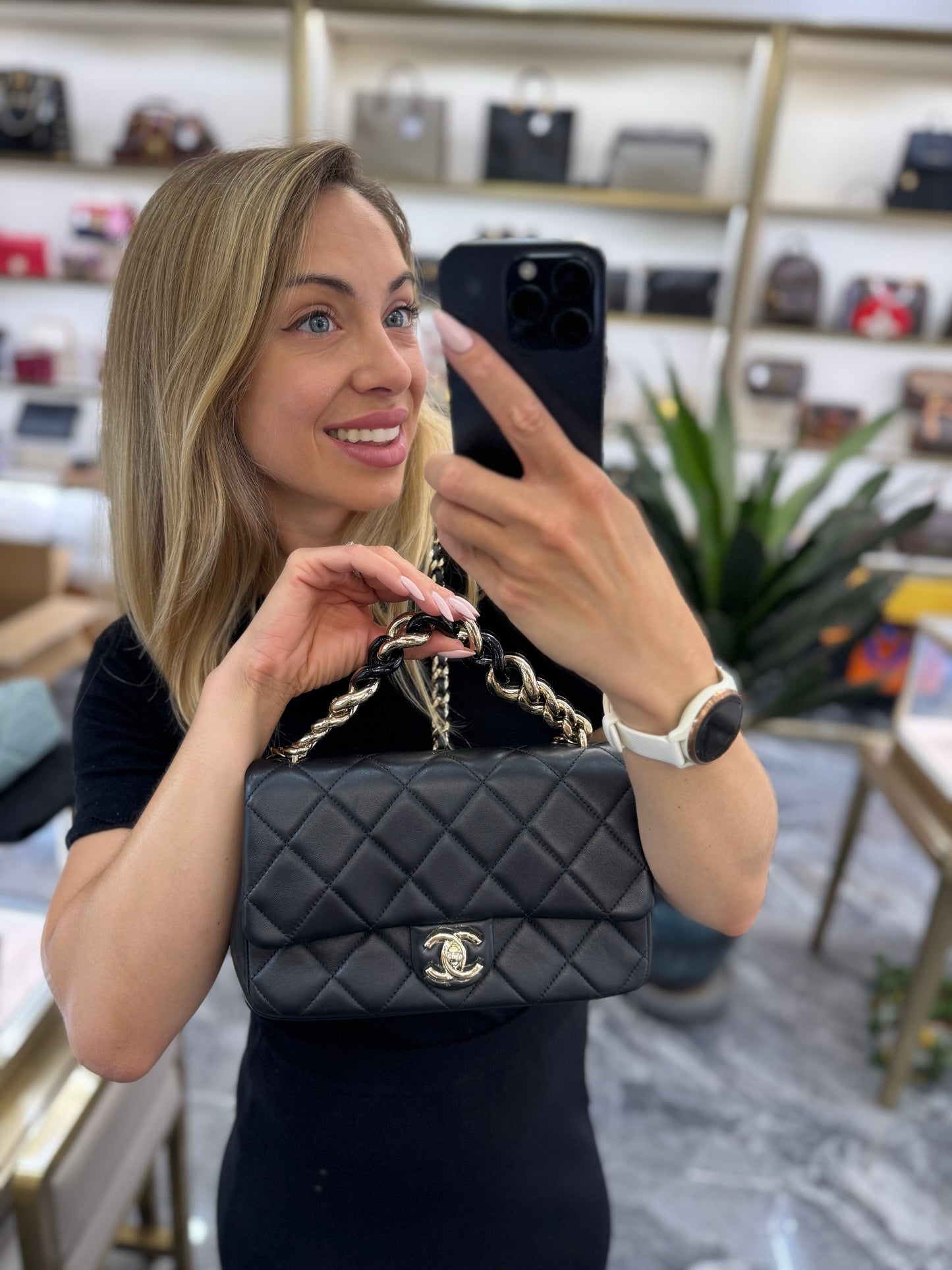 Pre-owned Certified Chanel 22C Mini Flap Chain Top Handle in Black Lambskin with Light Golden Hardware, 2022 microchipped, w/ full set - box, dust bag