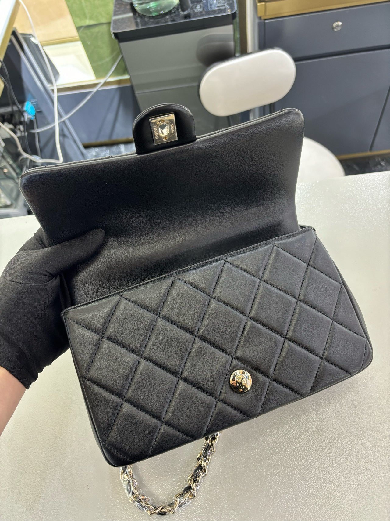Pre-owned Certified Chanel 22C Mini Flap Chain Top Handle in Black Lambskin with Light Golden Hardware, 2022 microchipped, w/ full set - box, dust bag