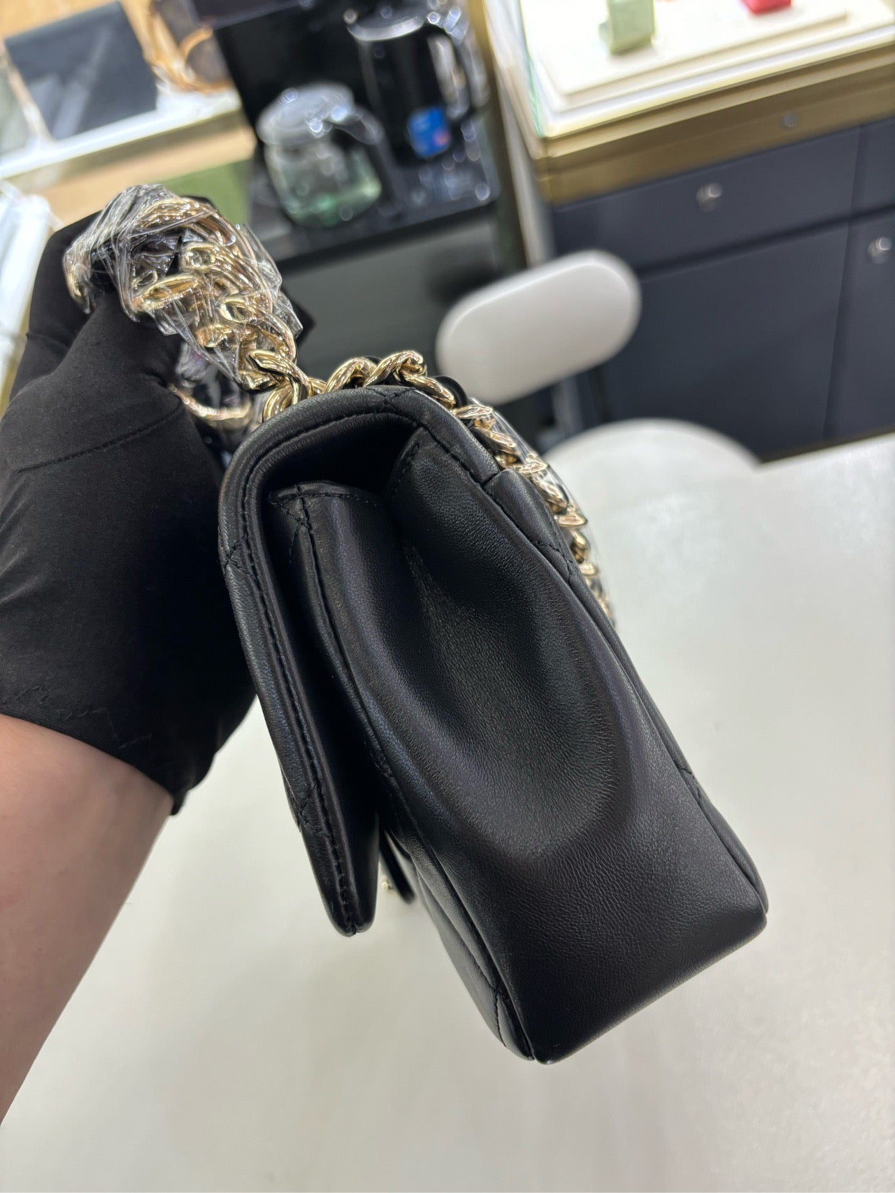 Pre-owned Certified Chanel 22C Mini Flap Chain Top Handle in Black Lambskin with Light Golden Hardware, 2022 microchipped, w/ full set - box, dust bag