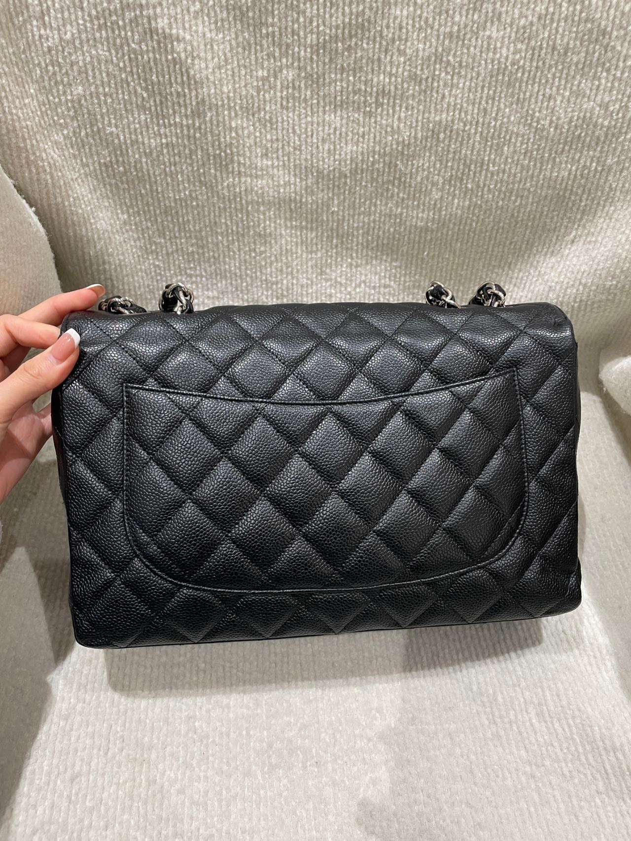 Pre-owned Certified Chanel CF Single Flap Jumbo Black Caviar Leather with Silver Hardware, 2008-2009, w/ Chanel dust bag, sticker inside