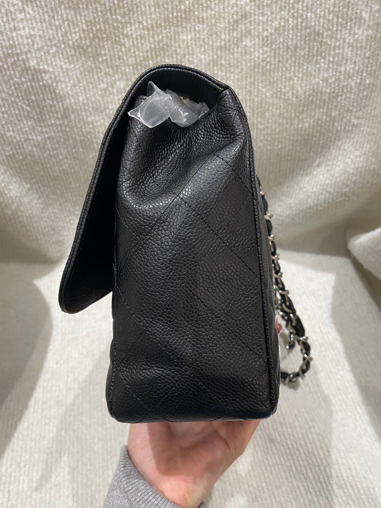 Pre-owned Certified Chanel CF Single Flap Jumbo Black Caviar Leather with Silver Hardware, 2008-2009, w/ Chanel dust bag, sticker inside
