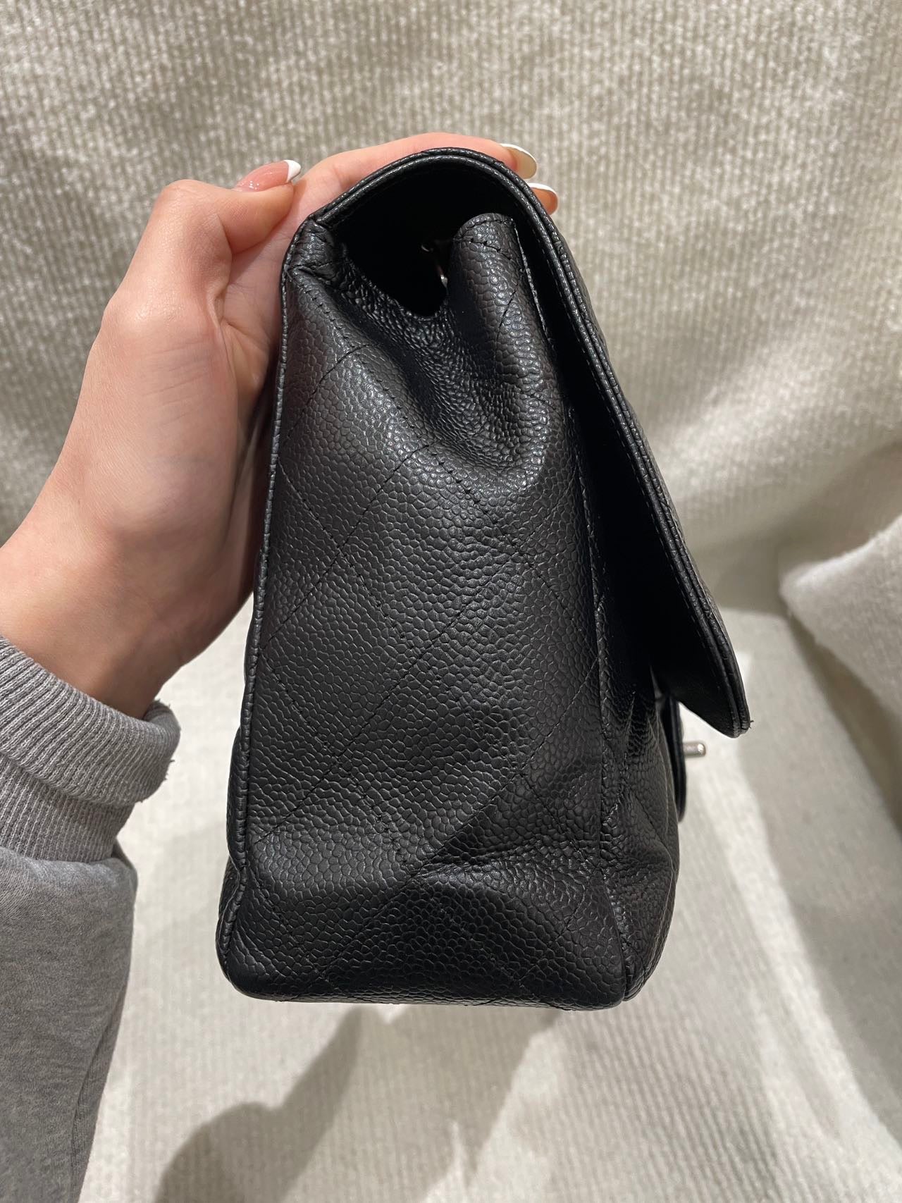 Pre-owned Certified Chanel CF Single Flap Jumbo Black Caviar Leather with Silver Hardware, 2008-2009, w/ Chanel dust bag, sticker inside
