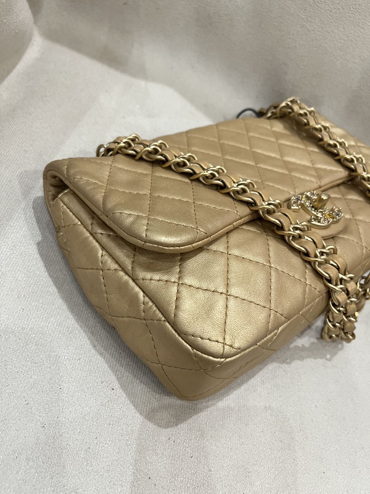 Pre-owned Certified Chanel Medium CF Single Flap Golden Metallic Lambskin with Precious Stone CC and Golden Hardware, 2011, w/ box, dust bag