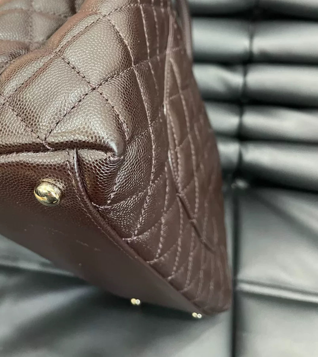 Pre-owned Certified Chanel Coco Handle Medium in Dark Brown Caviar Leather, Light Golden Hardware, Microchipped, w/ full set