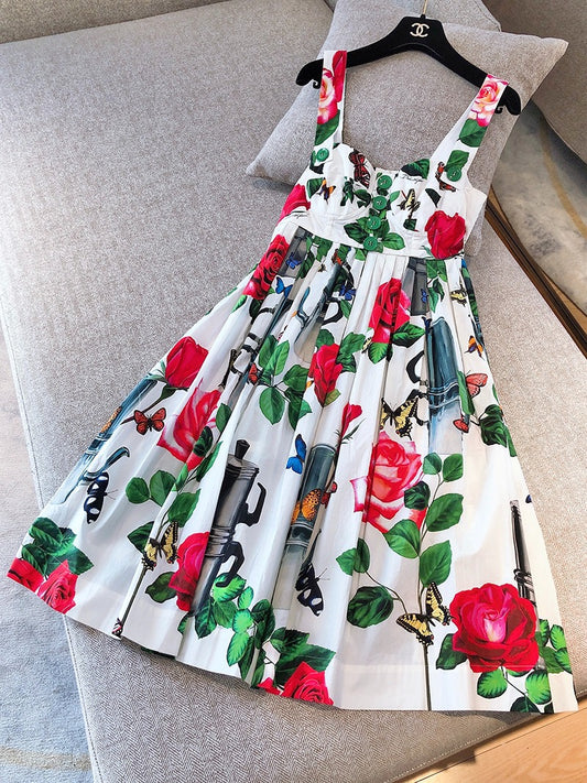 Pre-owned Dolce & Gabbana Long Summer Dress White with Floral Print, New without tags, Size 40