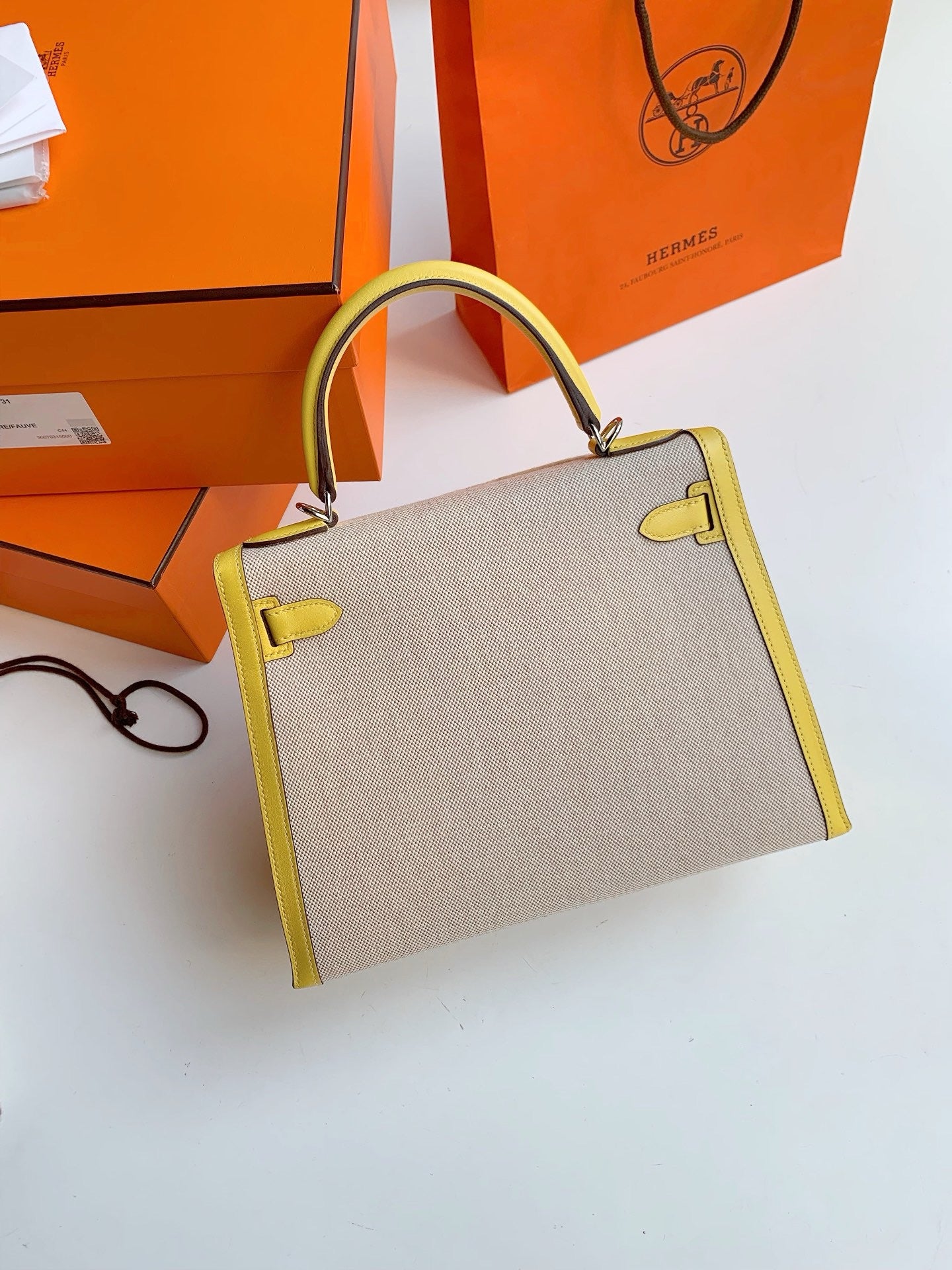 Pre-owned Certified Hermes Kelly 28 Toile, 9O Jaune de Naples with Canvas, Palladium hw, 2020, w/ dust bag, lock&key, strap