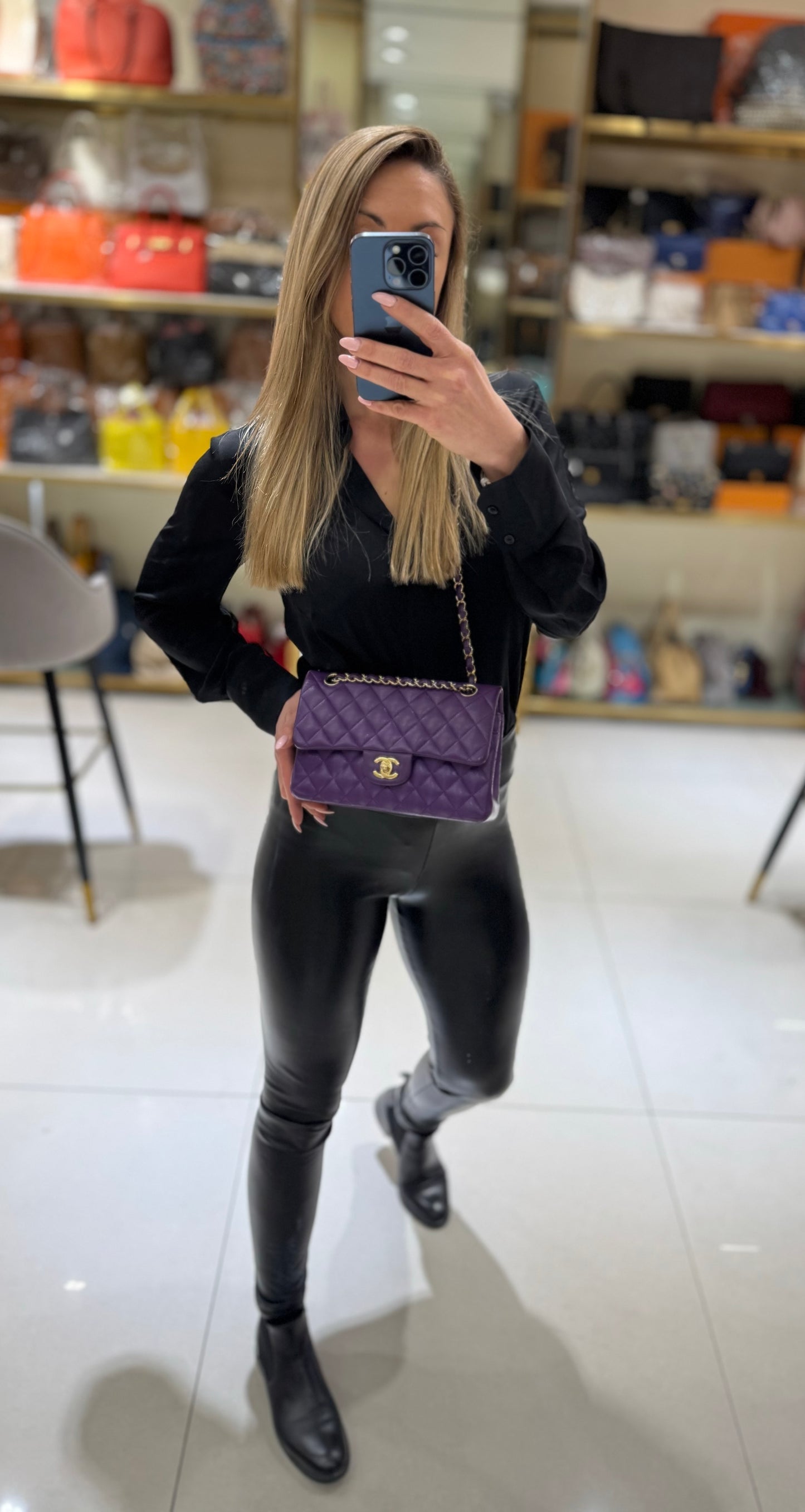 Pre-owned Chanel Classic Flap Small Double Flap Limited Seasonal Edition Royal Purple Caviar Leather Golden Hardware, Microchipped 2022, w/ full set