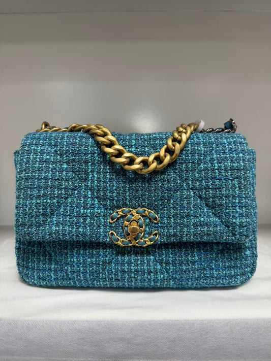 Pre-owned Certified Chanel 19Bag Small Light Blue Tweed with Golden Hardware, 2022 Microchipped, w/ full set