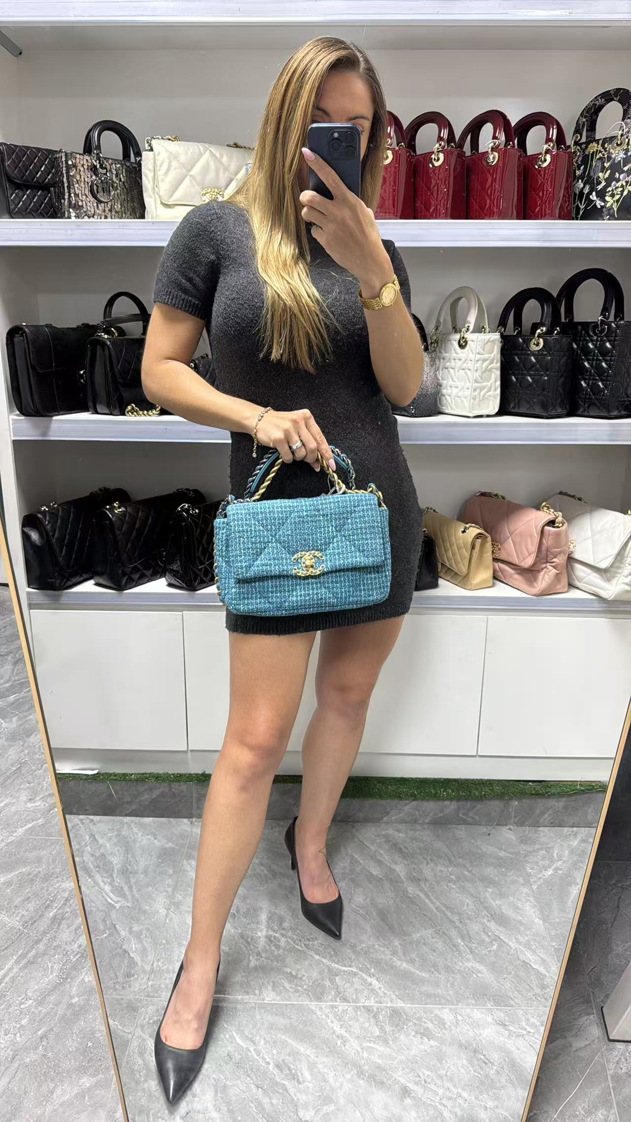 Pre-owned Certified Chanel 19Bag Small Light Blue Tweed with Golden Hardware, 2022 Microchipped, w/ full set