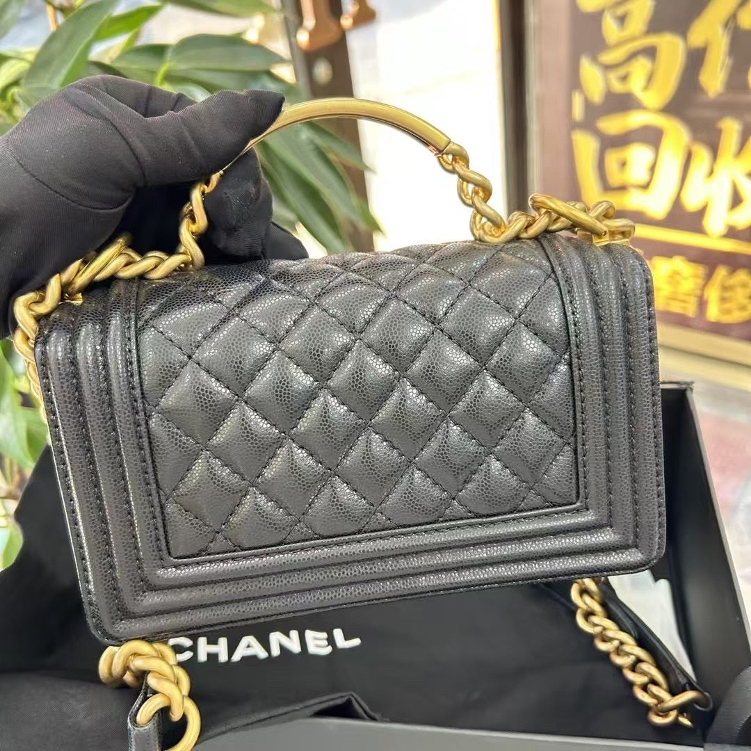 Pre-owned Certified Chanel Boy Bag Top Handle Small in Black Caviar Leather Golden Hardware, 2023, Microchipped, with Full Set