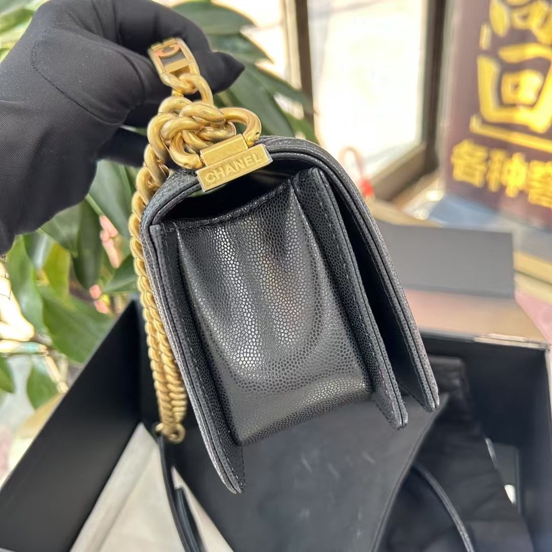 Pre-owned Certified Chanel Boy Bag Top Handle Small in Black Caviar Leather Golden Hardware, 2023, Microchipped, with Full Set