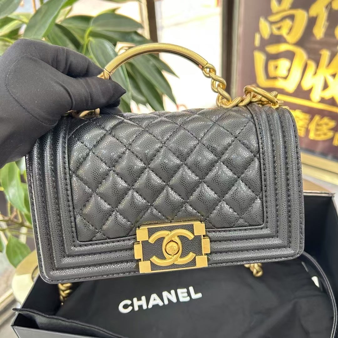 Pre-owned Certified Chanel Boy Bag Top Handle Small in Black Caviar Leather Golden Hardware, 2023, Microchipped, with Full Set