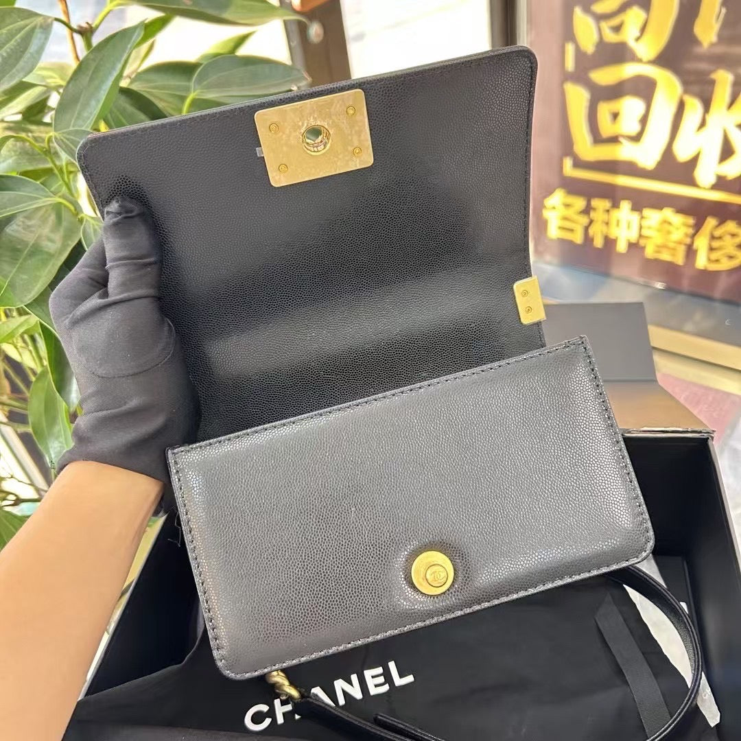 Pre-owned Certified Chanel Boy Bag Top Handle Small in Black Caviar Leather Golden Hardware, 2023, Microchipped, with Full Set