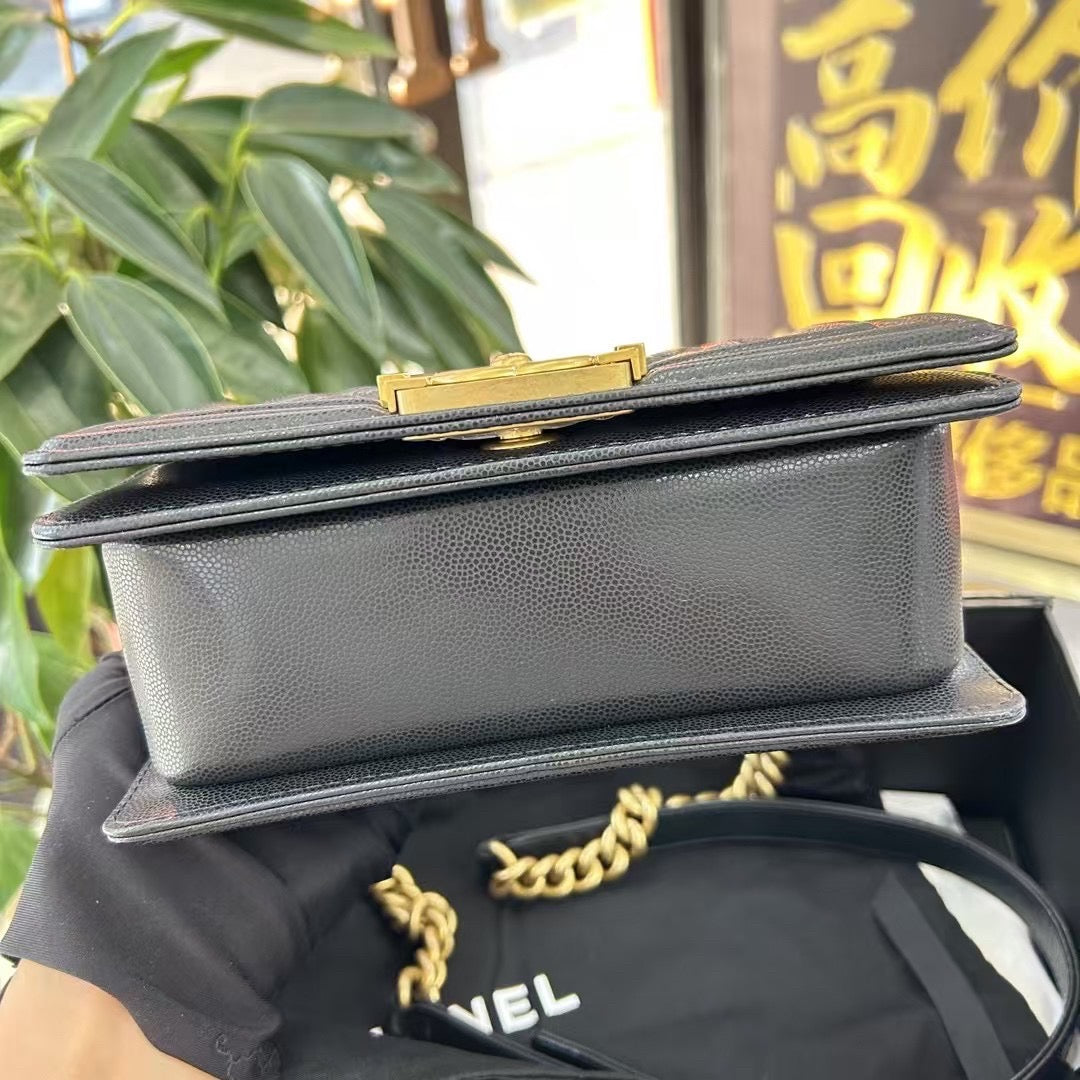 Pre-owned Certified Chanel Boy Bag Top Handle Small in Black Caviar Leather Golden Hardware, 2023, Microchipped, with Full Set