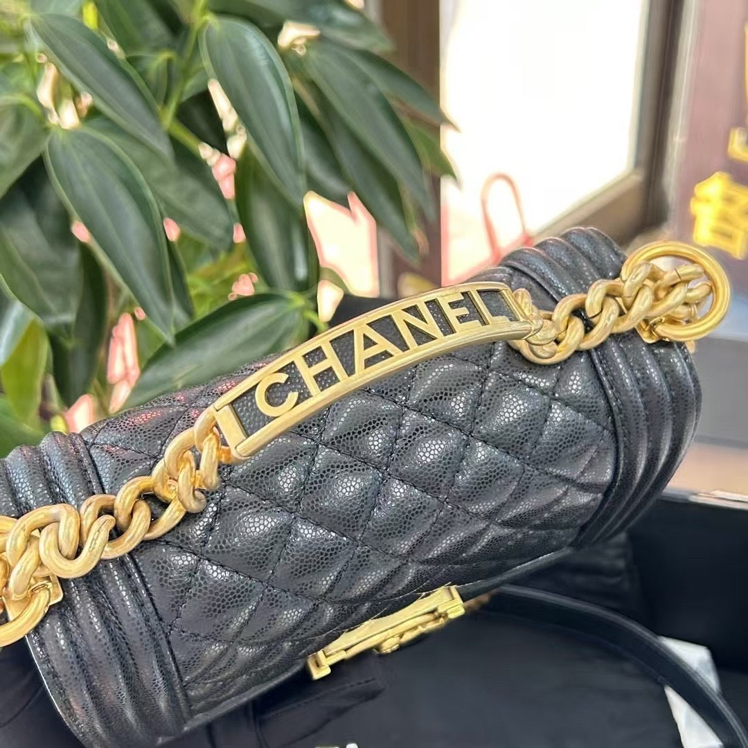 Pre-owned Certified Chanel Boy Bag Top Handle Small in Black Caviar Leather Golden Hardware, 2023, Microchipped, with Full Set