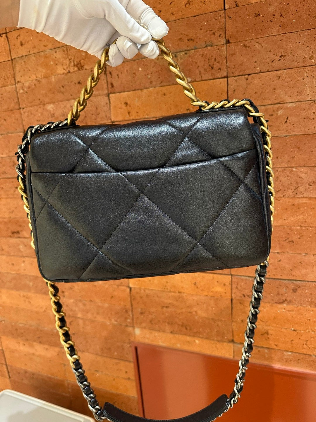 Pre-owned Certified Chanel Small 19Bag Black Lambskin Golden hardware, microchipped, w/ Full set - box, dust bag