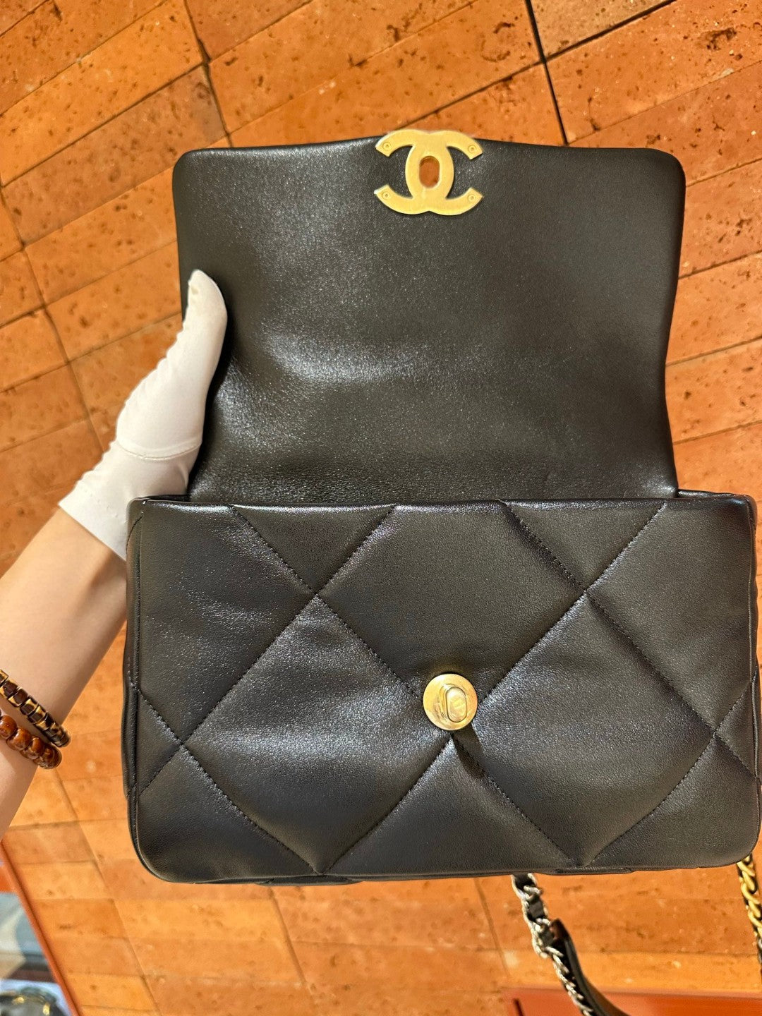 Pre-owned Certified Chanel Small 19Bag Black Lambskin Golden hardware, microchipped, w/ Full set - box, dust bag