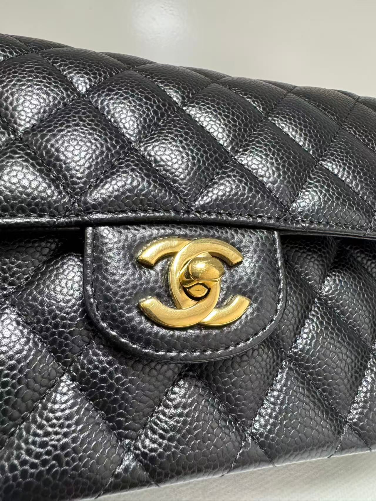 Pre-owned Certified Chanel Small CF Classic Double Flap Black Caviar Leather with Golden Hardware, 2022 Microchipped, w/ full set