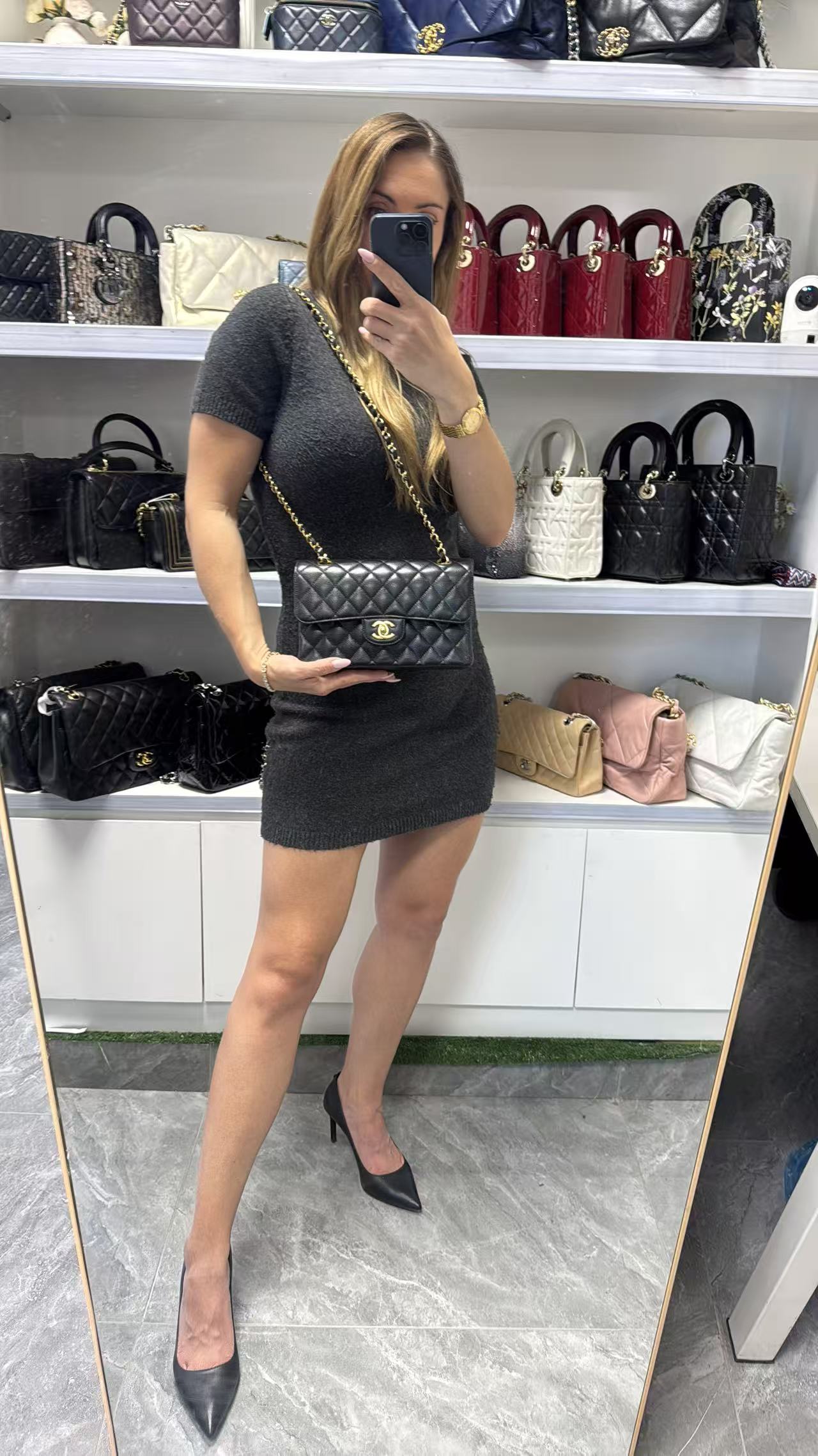 Pre-owned Certified Chanel Small CF Classic Double Flap Black Caviar Leather with Golden Hardware, 2022 Microchipped, w/ full set