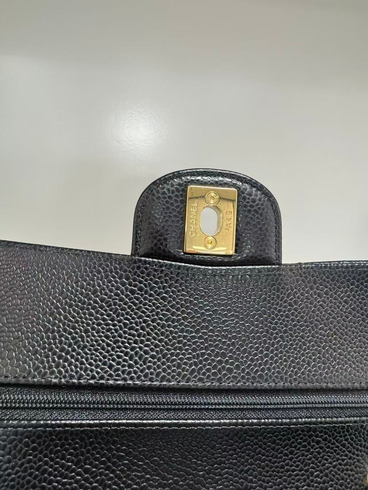 Pre-owned Certified Chanel Small CF Classic Double Flap Black Caviar Leather with Golden Hardware, 2022 Microchipped, w/ full set
