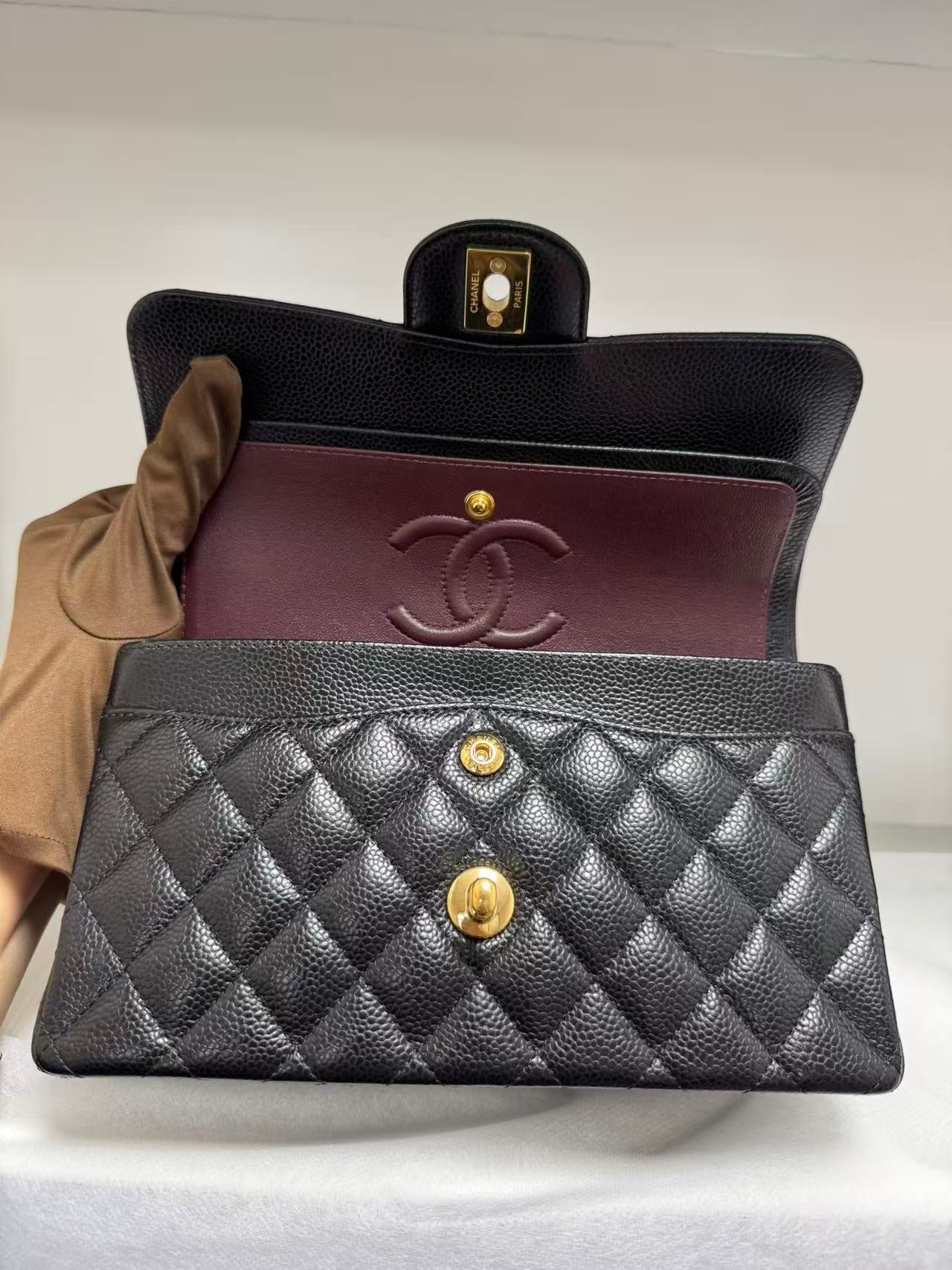 Pre-owned Certified Chanel Small CF Classic Double Flap Black Caviar Leather with Golden Hardware, 2022 Microchipped, w/ full set