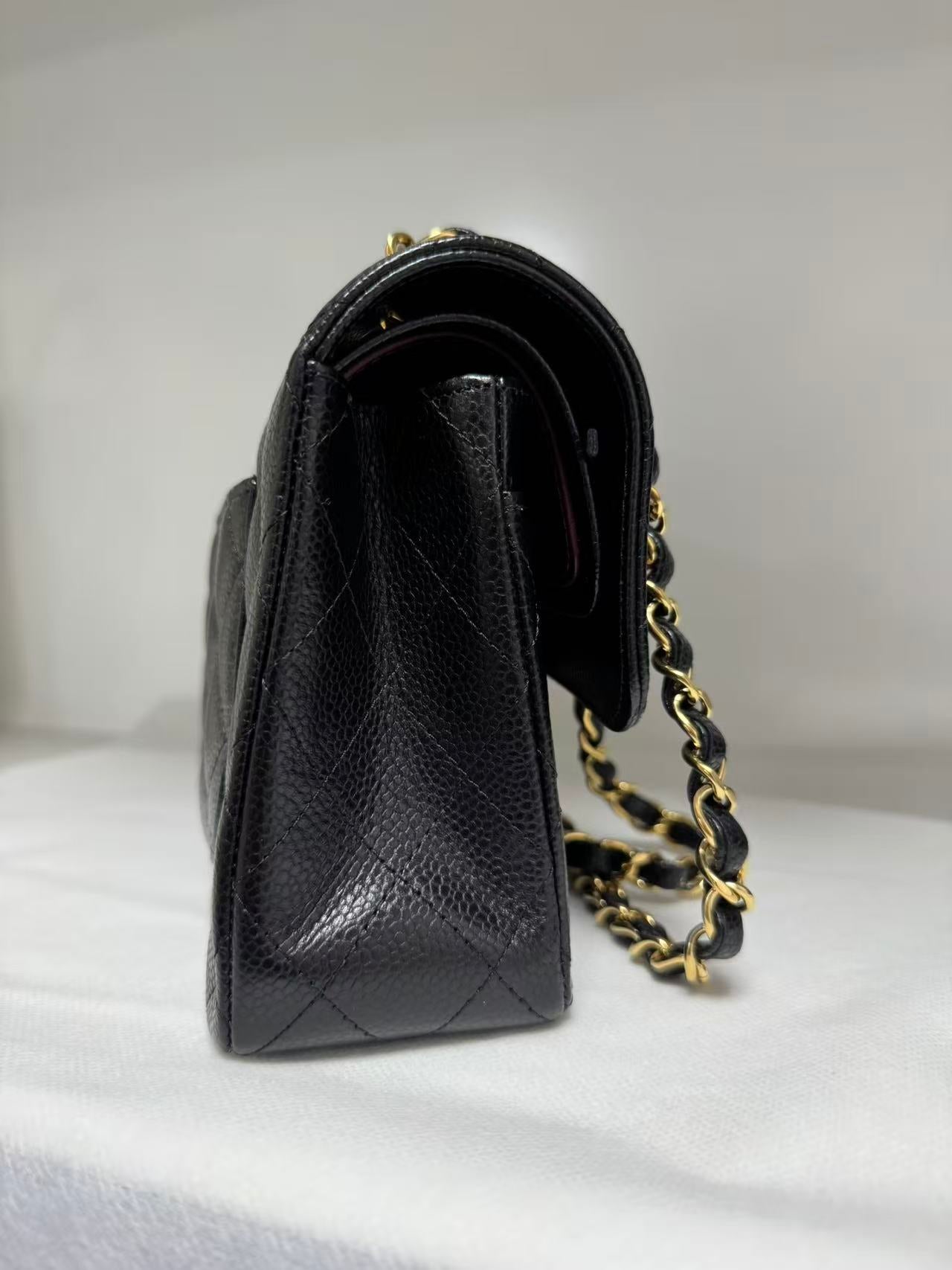 Pre-owned Certified Chanel Small CF Classic Double Flap Black Caviar Leather with Golden Hardware, 2022 Microchipped, w/ full set