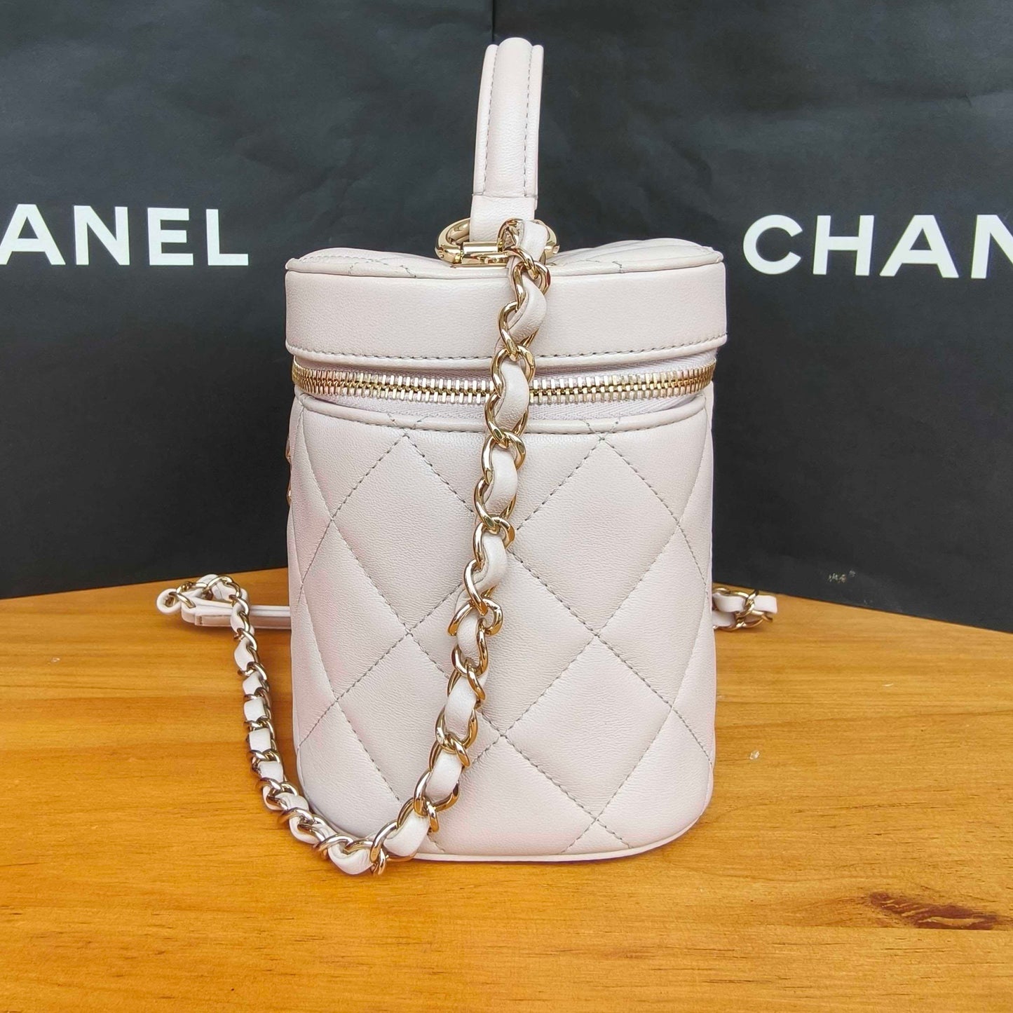 Pre-owned Certified Chanel Trendy CC Vanity Bag White Lilac Lambskin Golden Hardware, 2020-2021, w/ card, dust bag
