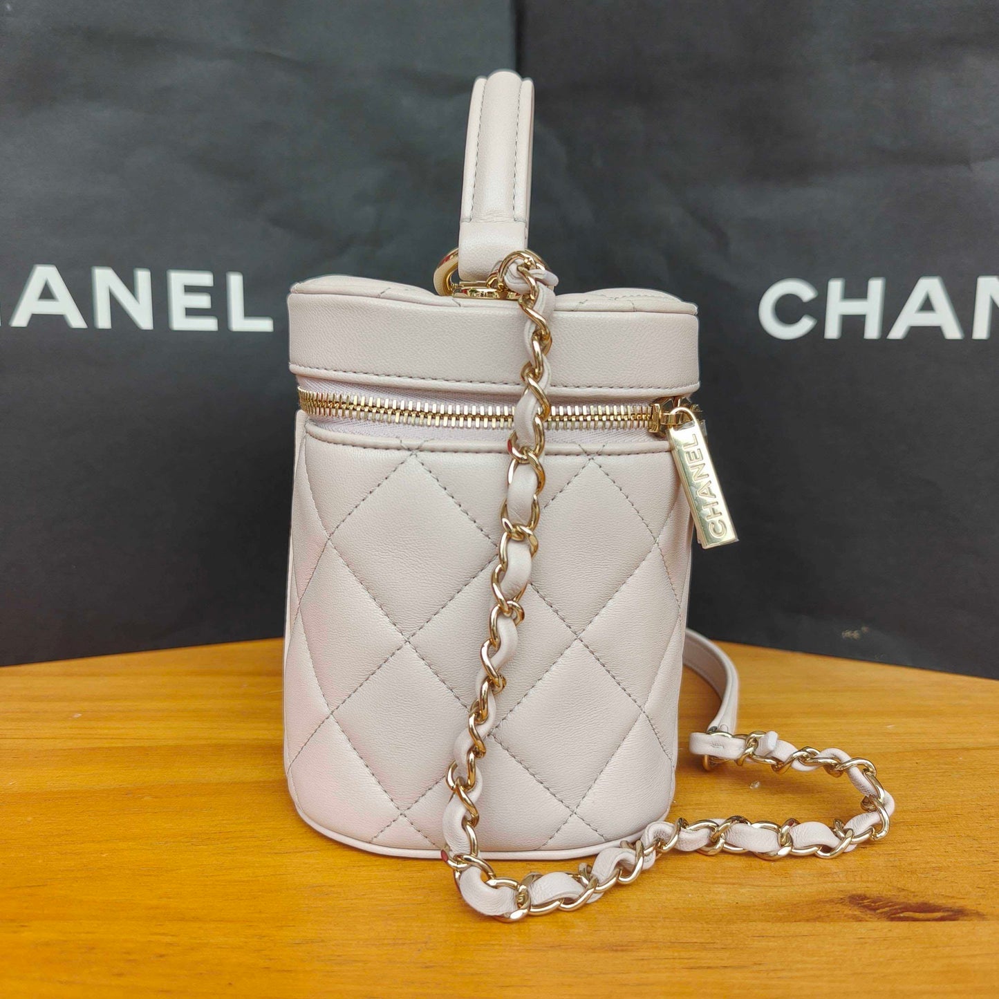 Pre-owned Certified Chanel Trendy CC Vanity Bag White Lilac Lambskin Golden Hardware, 2020-2021, w/ card, dust bag