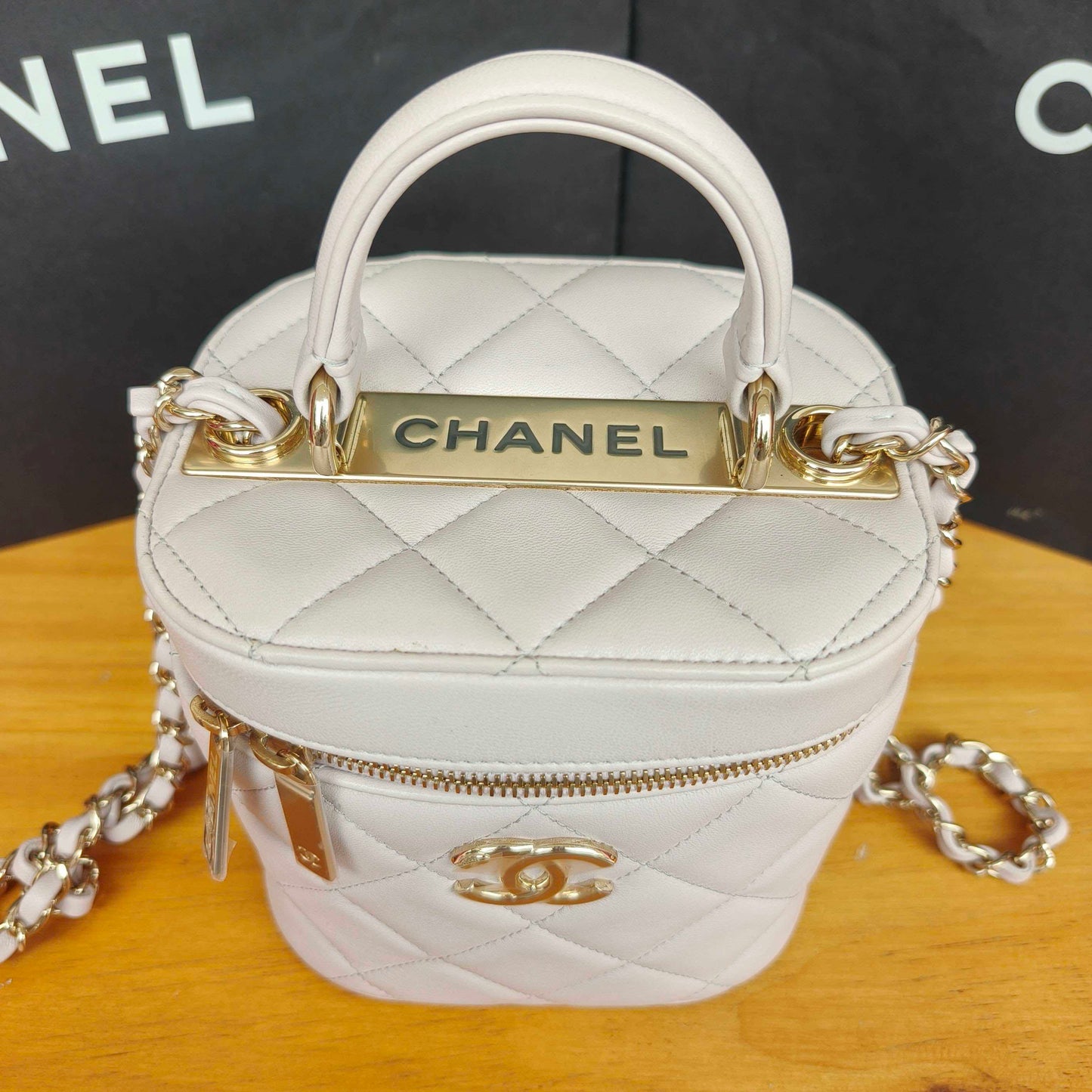 Pre-owned Certified Chanel Trendy CC Vanity Bag White Lilac Lambskin Golden Hardware, 2020-2021, w/ card, dust bag
