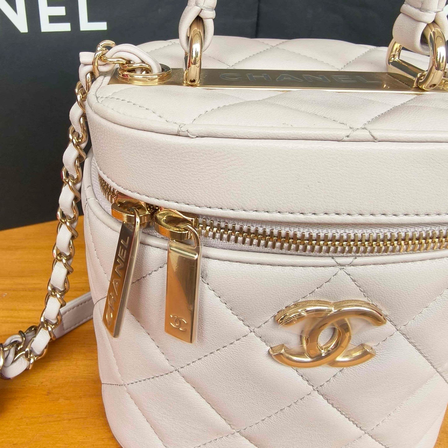 Pre-owned Certified Chanel Trendy CC Vanity Bag White Lilac Lambskin Golden Hardware, 2020-2021, w/ card, dust bag