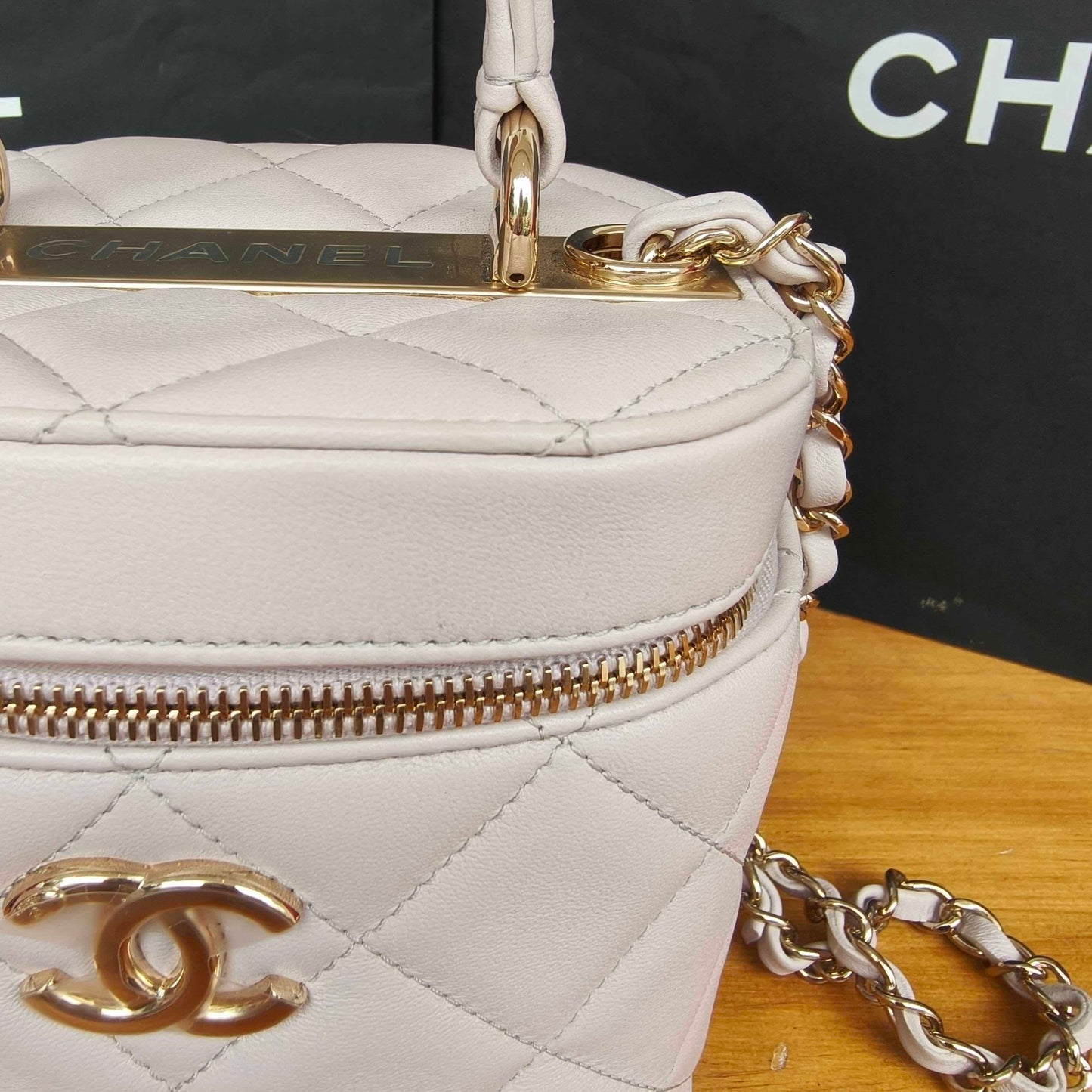 Pre-owned Certified Chanel Trendy CC Vanity Bag White Lilac Lambskin Golden Hardware, 2020-2021, w/ card, dust bag