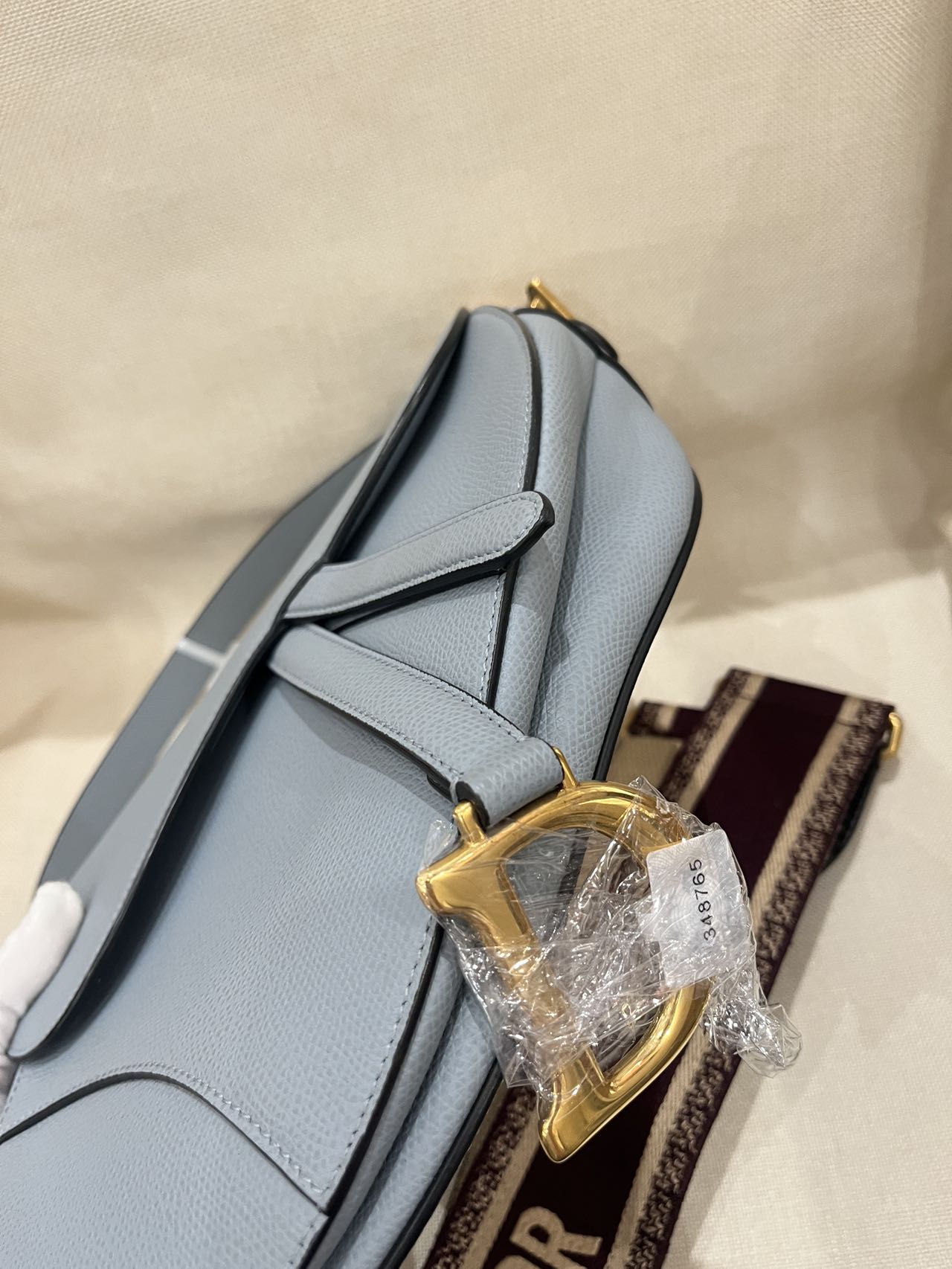 Pre-owned Certified Dior Saddle in Sky Blue Grained Calfskin with Golden Hardware, 2018, w/ Dior dust bag, Dior canvas strap