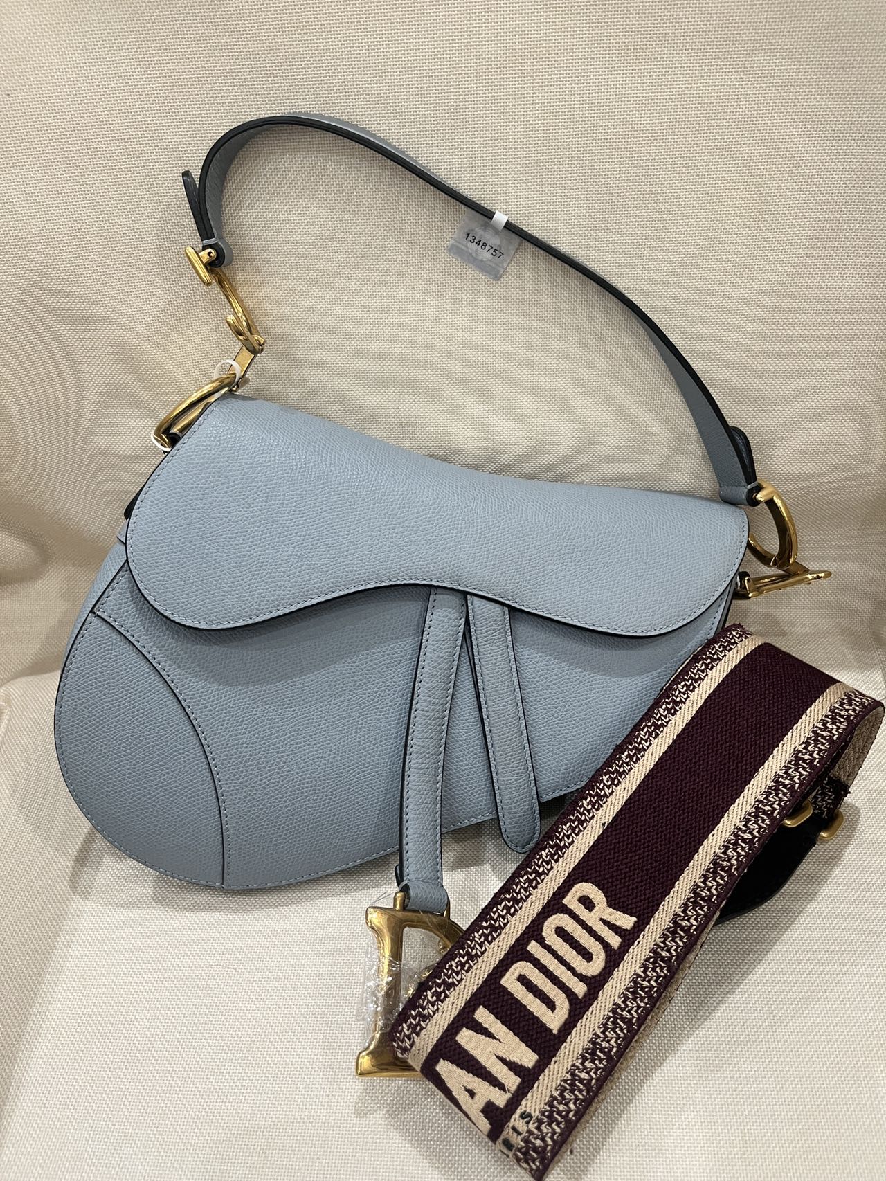Pre-owned Certified Dior Saddle in Sky Blue Grained Calfskin with Golden Hardware, 2018, w/ Dior dust bag, Dior canvas strap